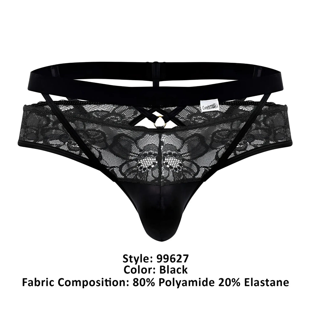 Black lace thong candyMan 99627 with satin front panel and crisscross detailing in black lace jockstrap design