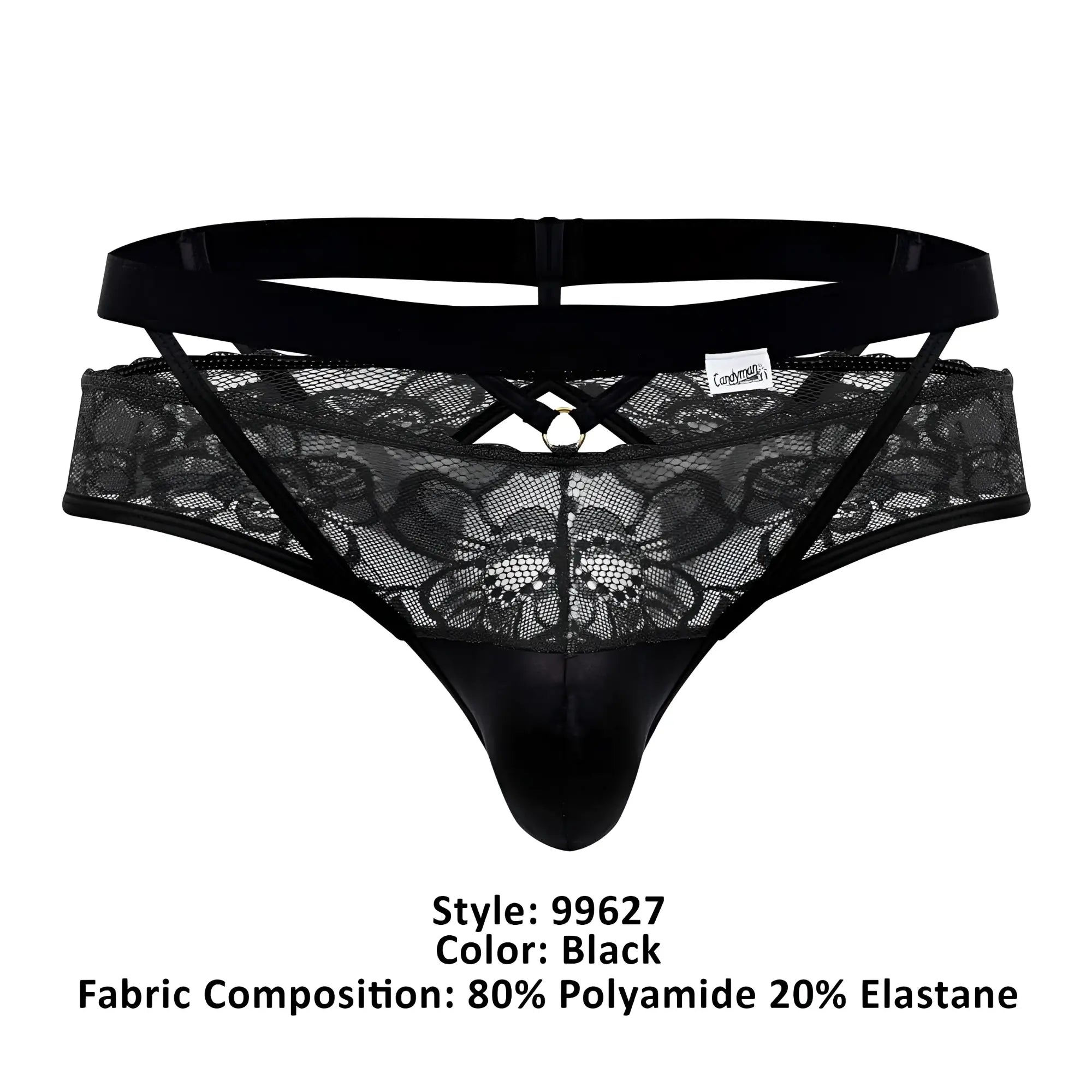 Black lace thong candyMan 99627 with satin front panel and crisscross detailing in black lace jockstrap design