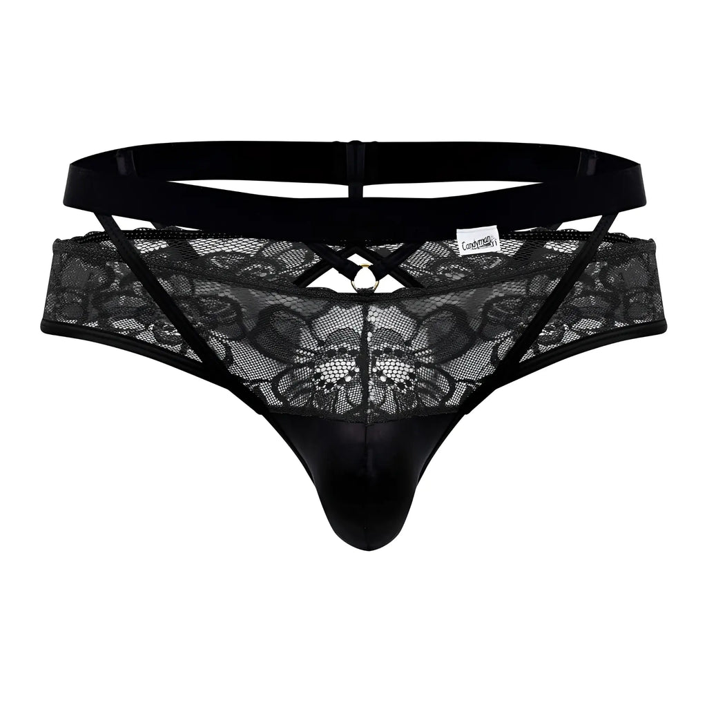 Black lace thong CandyMan 99627 with satin waistband and glossy smooth front panel in black color