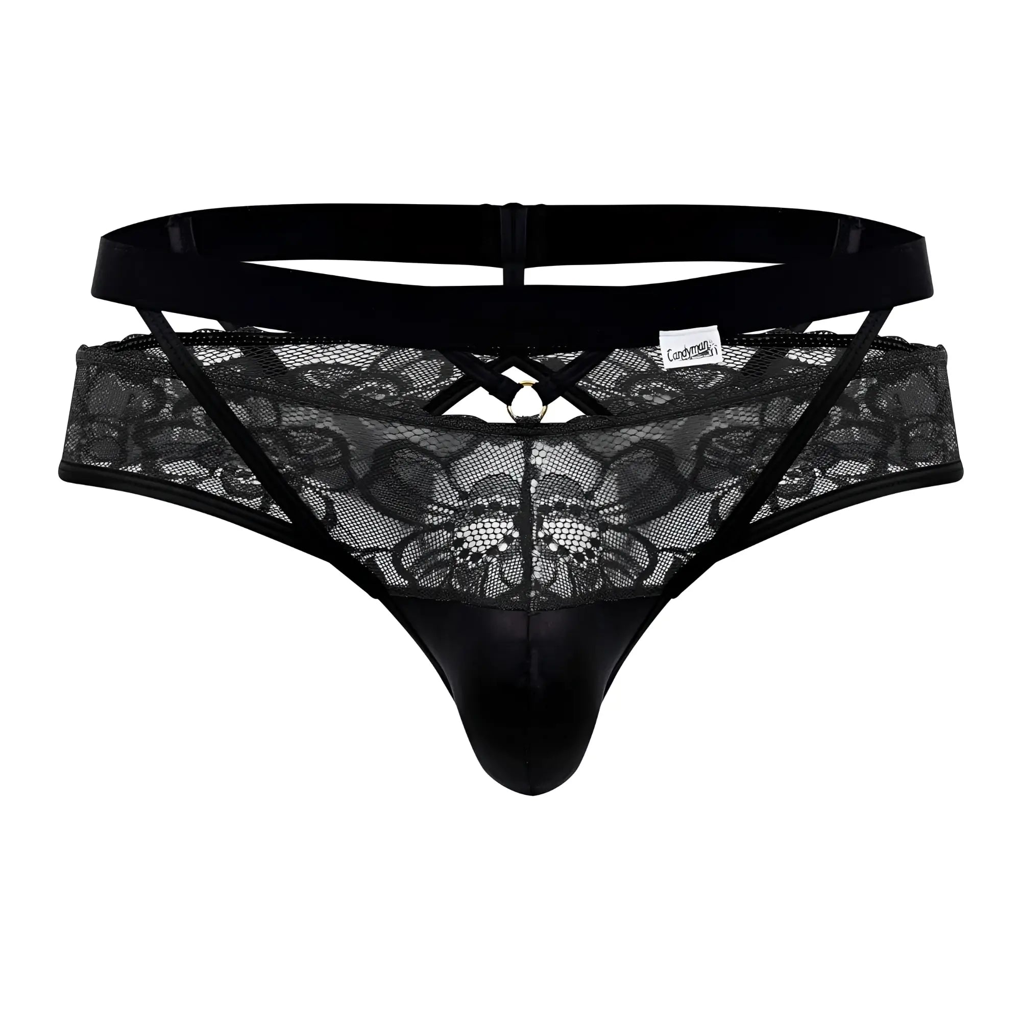 Black lace thong CandyMan 99627 with satin waistband and glossy smooth front panel in black color