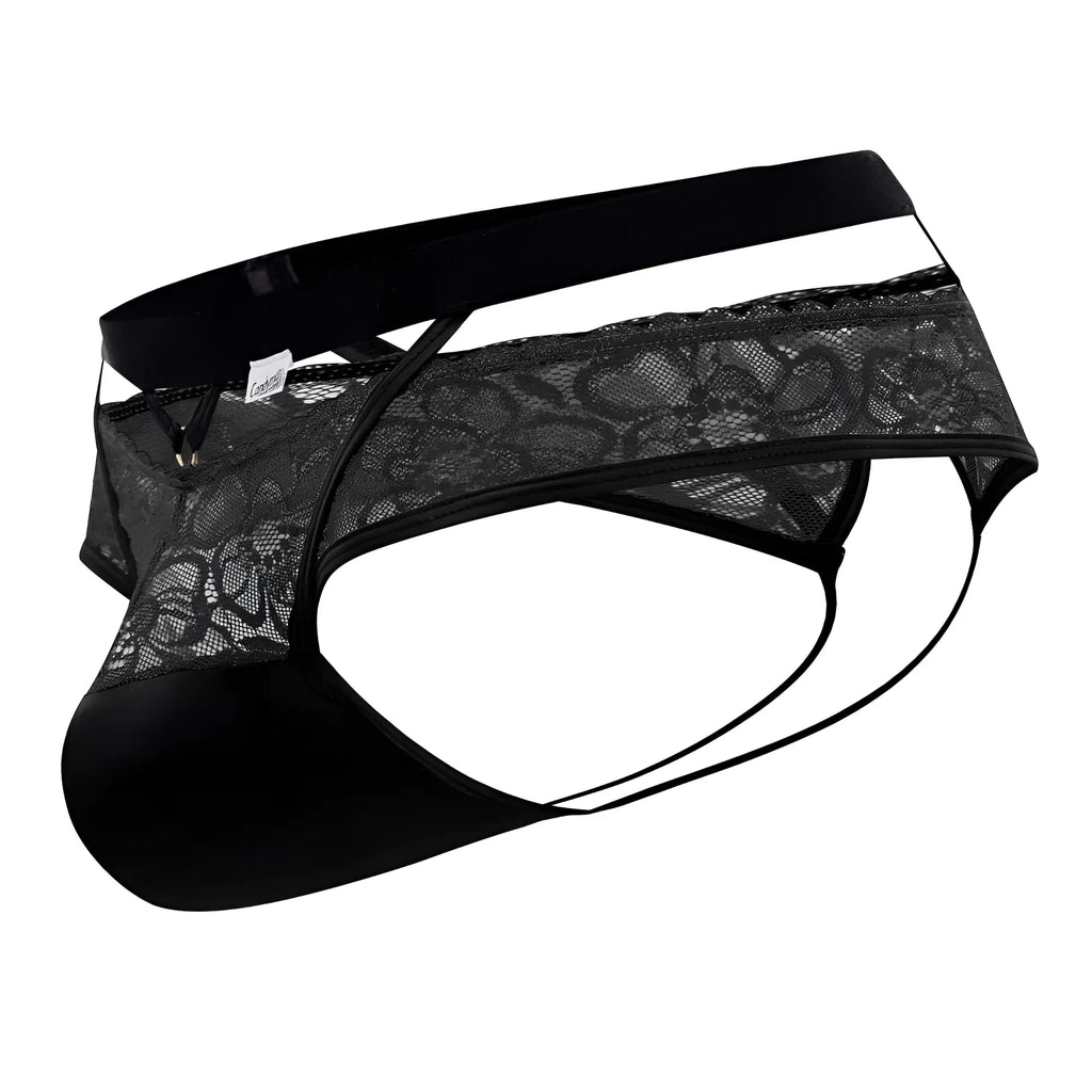 Black lace-trimmed men’s briefs with solid black elastic waistband and matching thin straps candyMan 99627 lace jockstrap