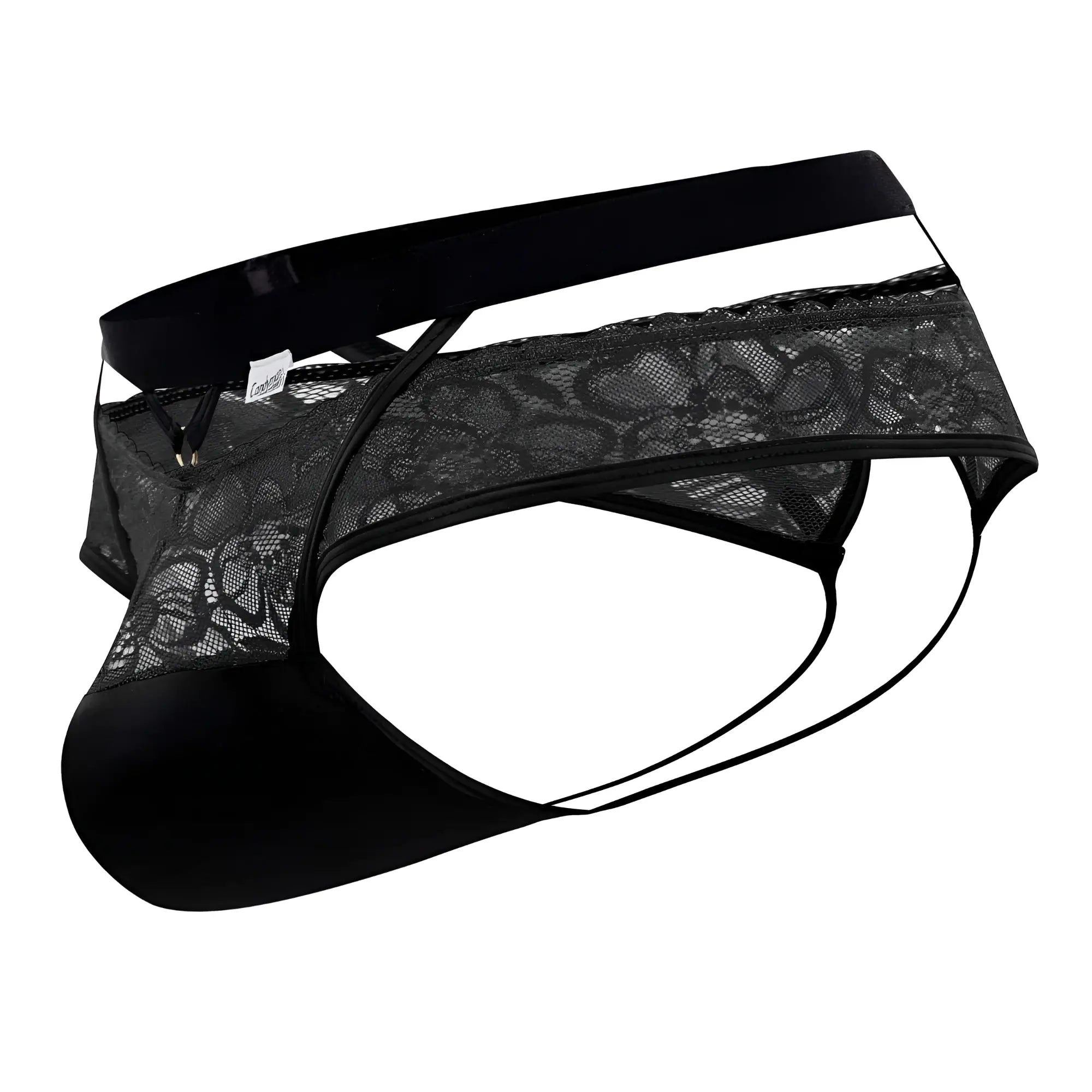 Black lace-trimmed men’s briefs with solid black elastic waistband and matching thin straps candyMan 99627 lace jockstrap