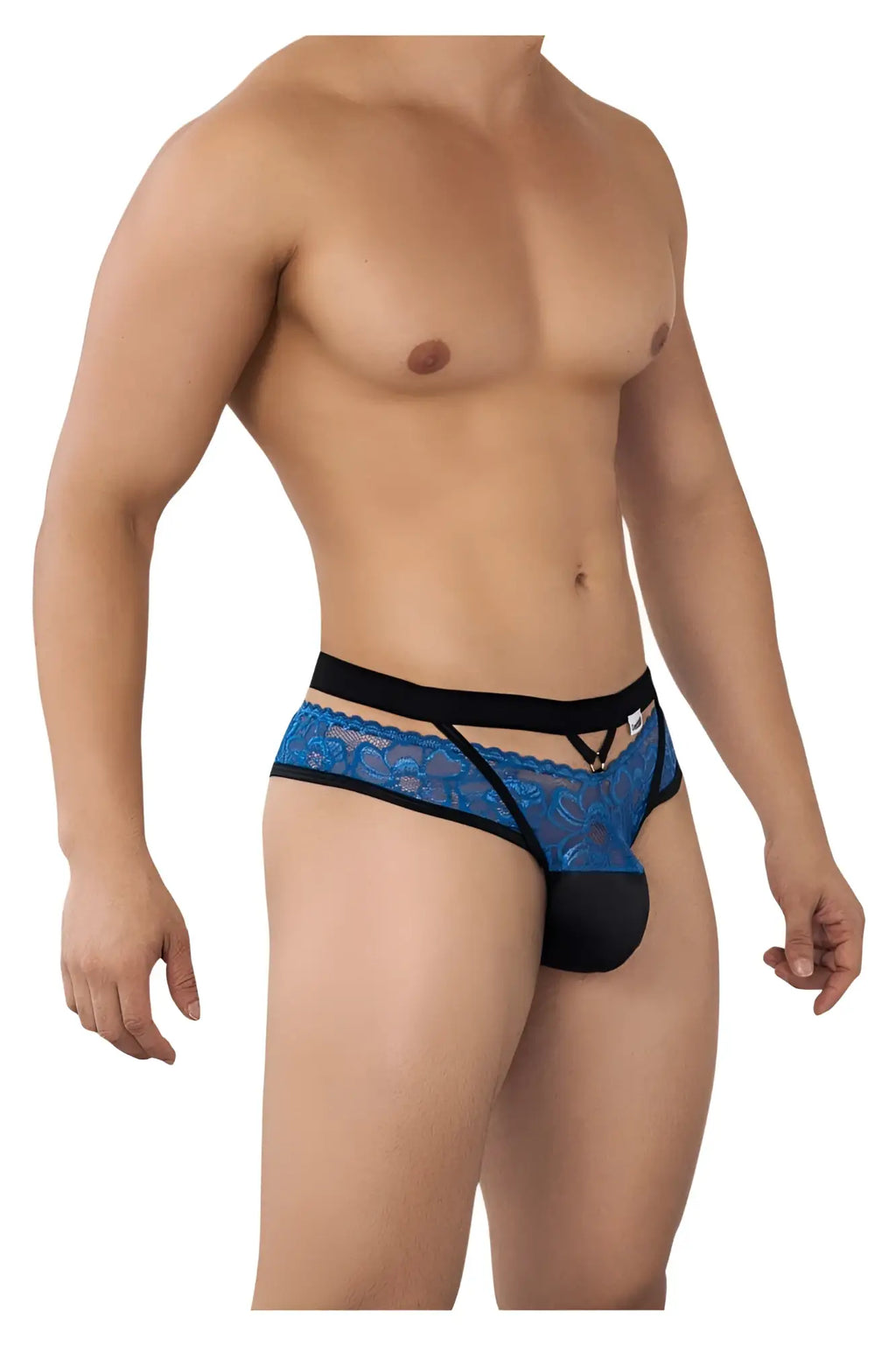 Candyman 99627 blue lace men’s briefs with black elastic waistband and matching black pouch front view