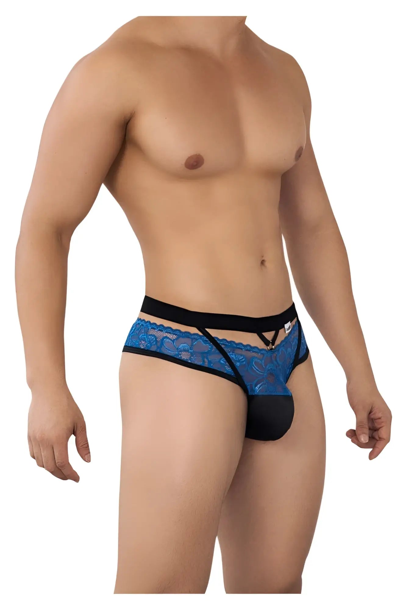 Candyman 99627 blue lace men’s briefs with black elastic waistband and matching black pouch front view