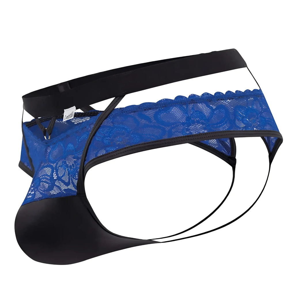 Blue lace lace jockstrap with black elastic waistband and leg openings from candyman 99627 collection