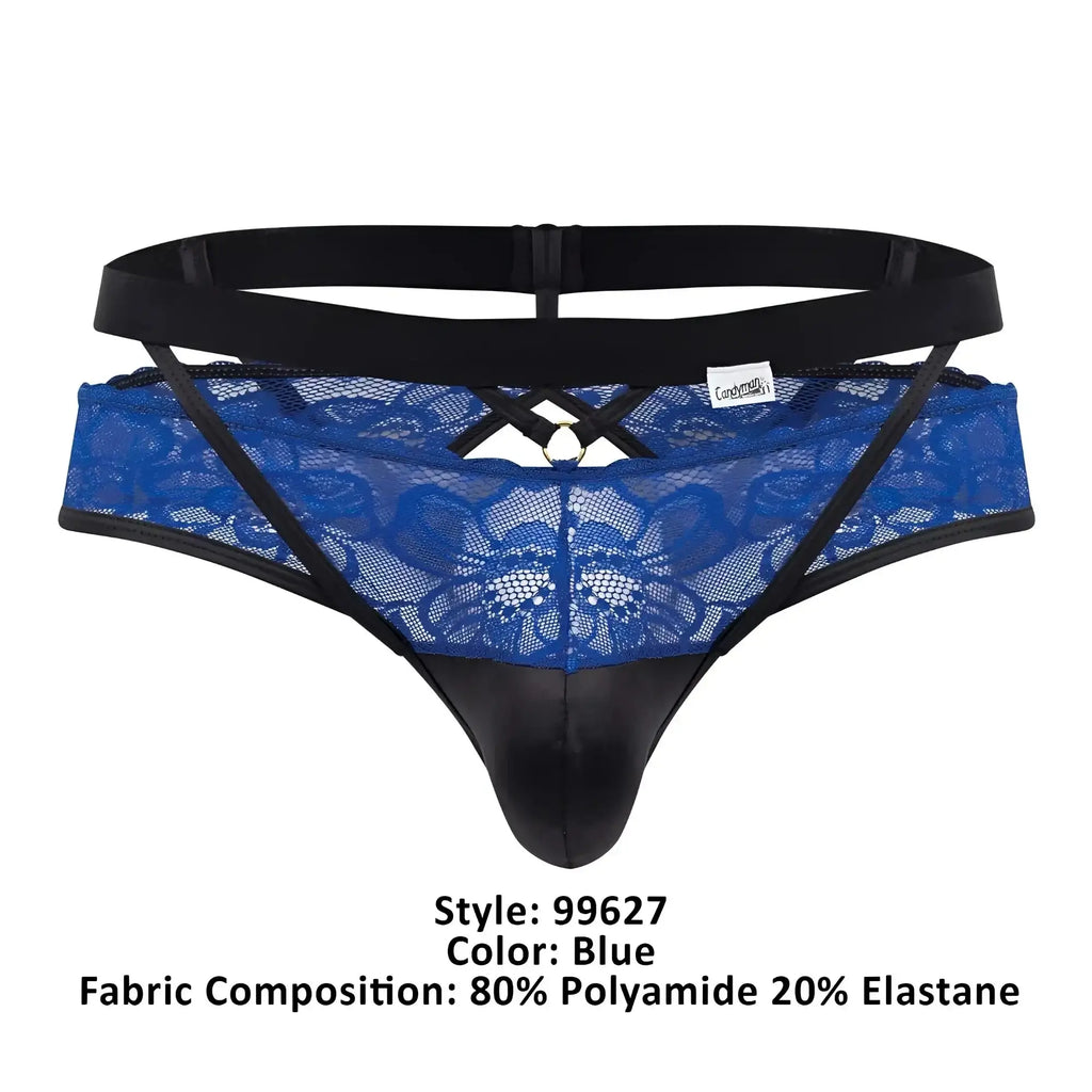 Blue candyMan 99627 lace jockstrap thong with black elastic waistband side straps and central metal ring detail