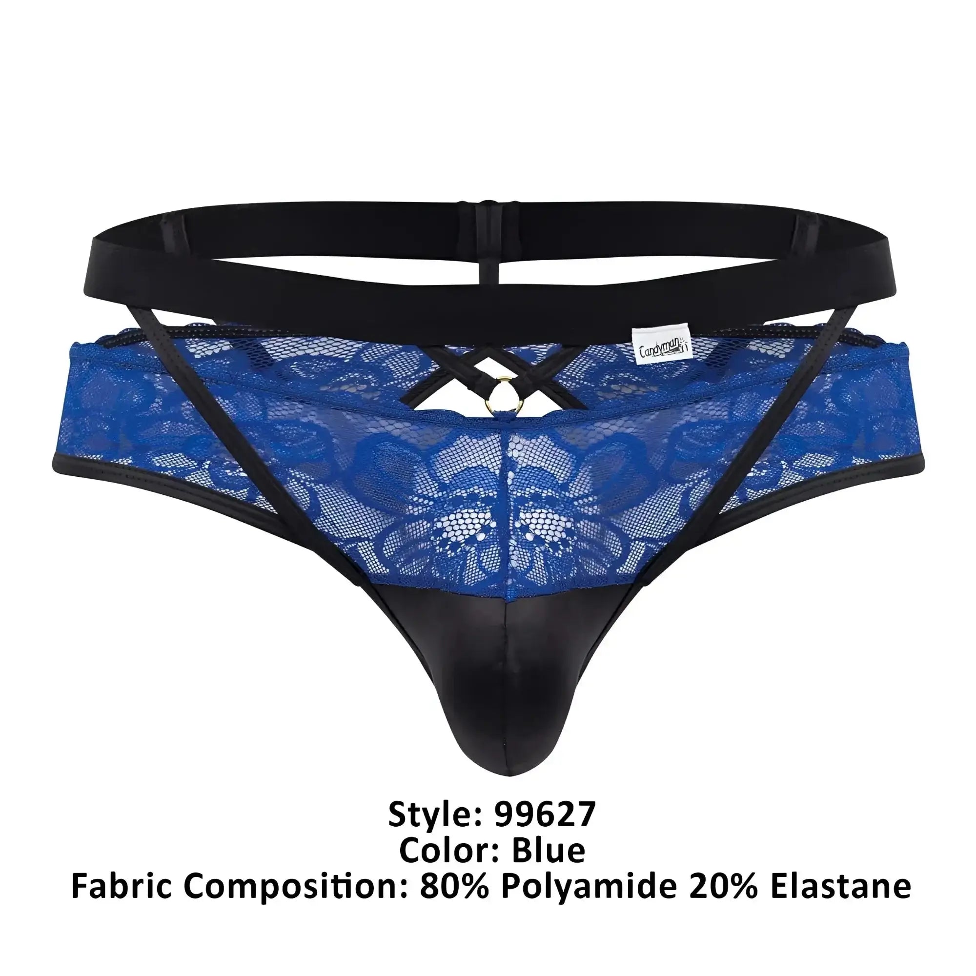 Blue candyMan 99627 lace jockstrap thong with black elastic waistband side straps and central metal ring detail