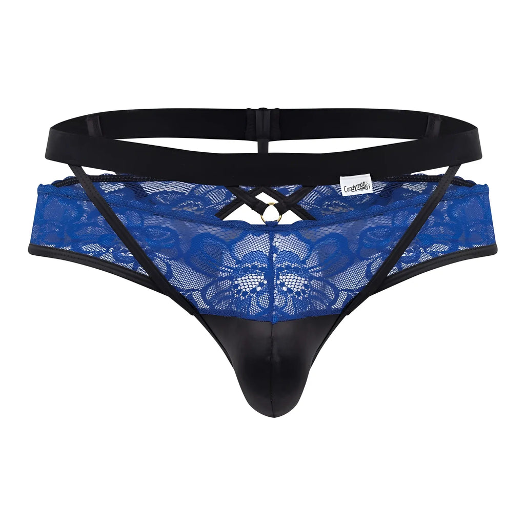 CandyMan 99627 lace jockstrap in blue with black elastic waistband and faux leather front panel