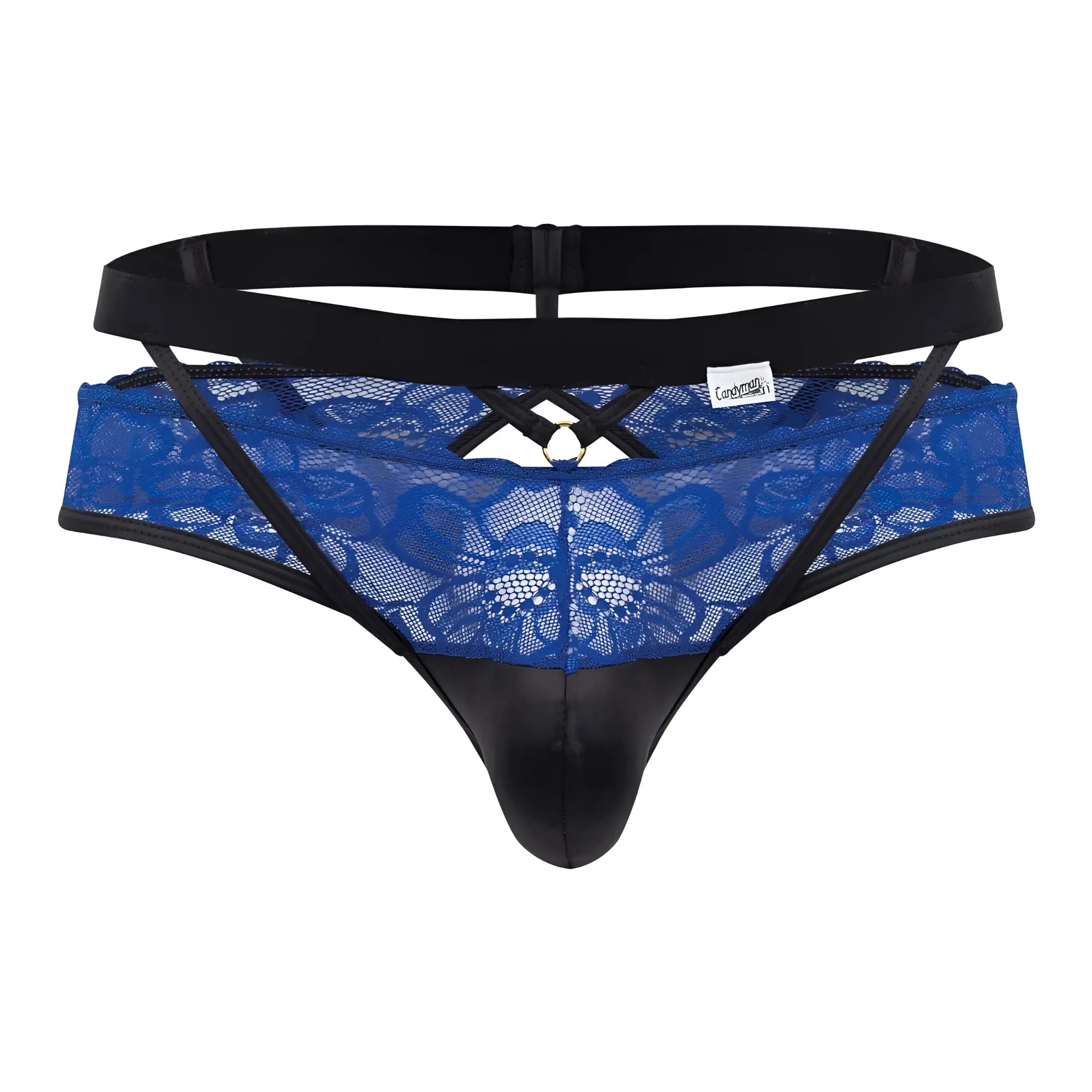 CandyMan 99627 lace jockstrap in blue with black elastic waistband and faux leather front panel