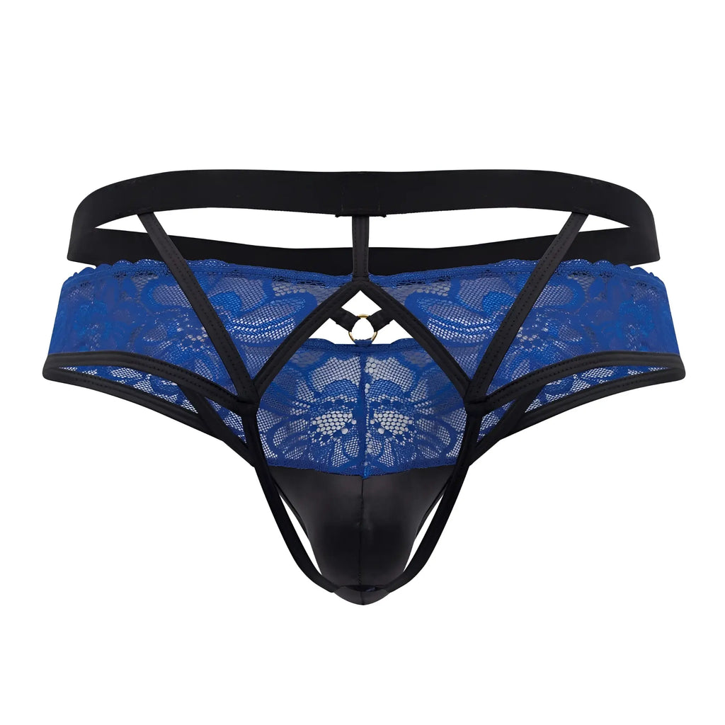 Candyman 99627 lace jockstrap in blue with black elastic straps and glossy black front panel lace thong design