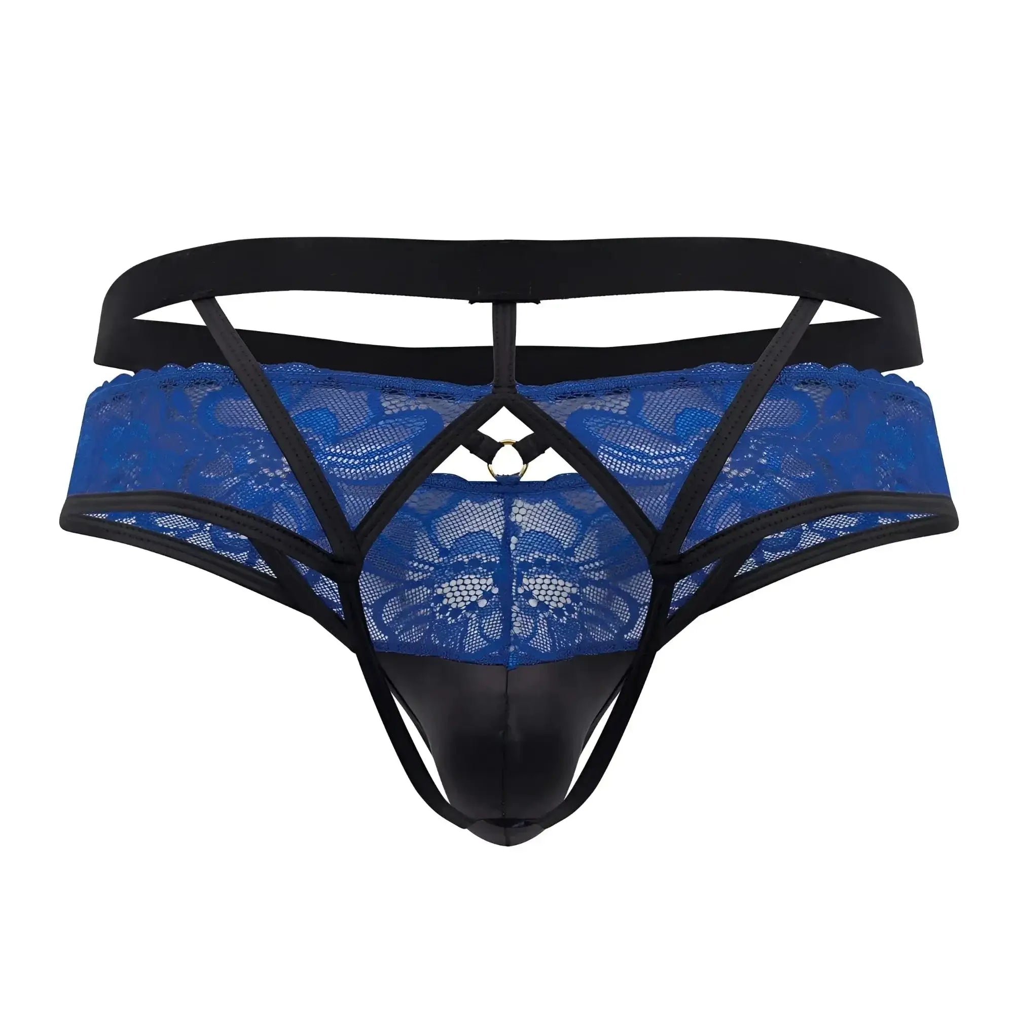Candyman 99627 lace jockstrap in blue with black elastic straps and glossy black front panel lace thong design