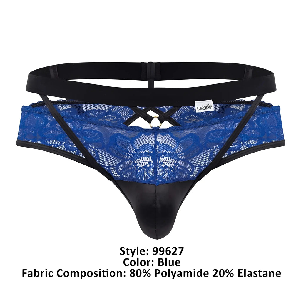 Blue candyMan 99627 lace jockstrap thong with black elastic waistband side straps and central metal ring detail