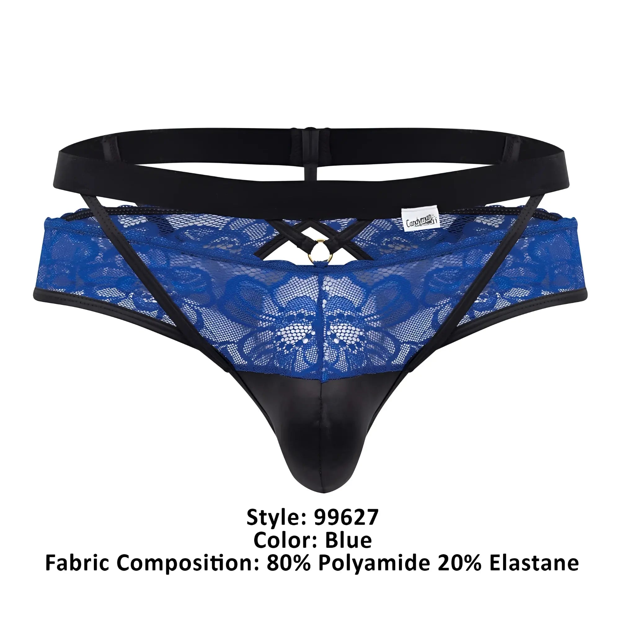 Blue candyMan 99627 lace jockstrap thong with black elastic waistband side straps and central metal ring detail