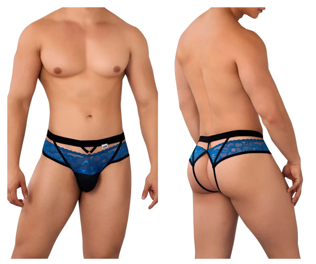 Blue lace thong with black trim and central panel from candyman 99627 lace jockstrap in blue