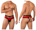 CandyMan 99627 lace jockstrap in red with black bold intricate lace thong pattern showing the front side