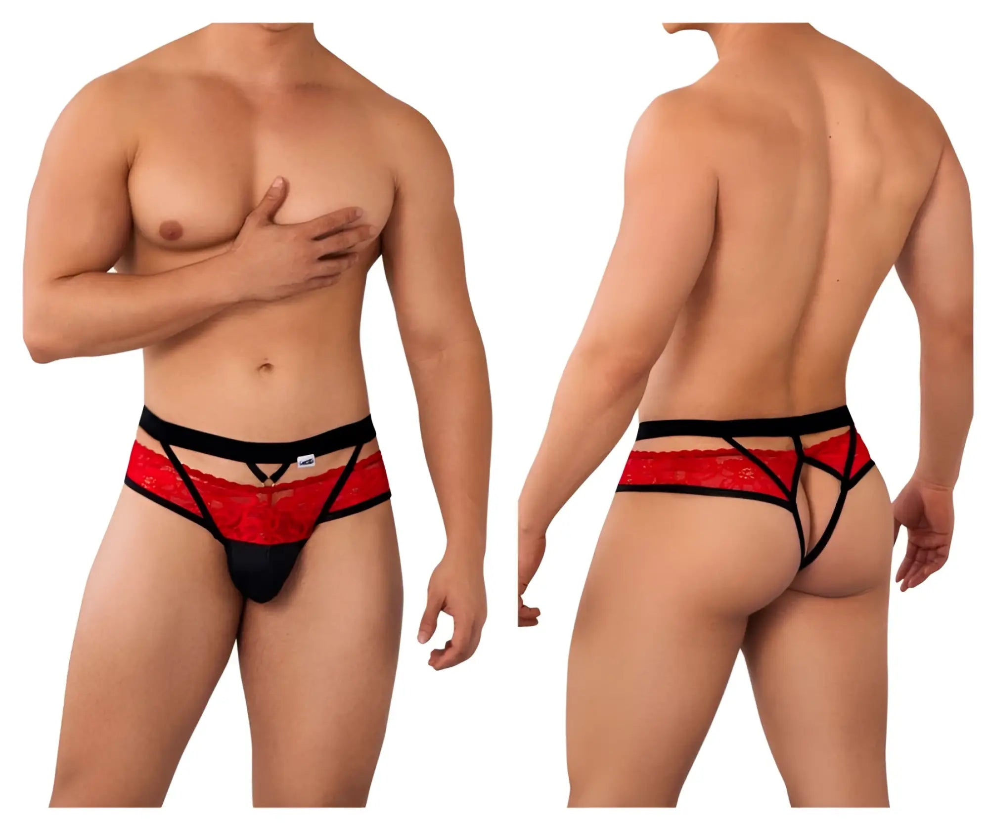 CandyMan 99627 lace jockstrap in red with black bold intricate lace thong pattern showing the front side