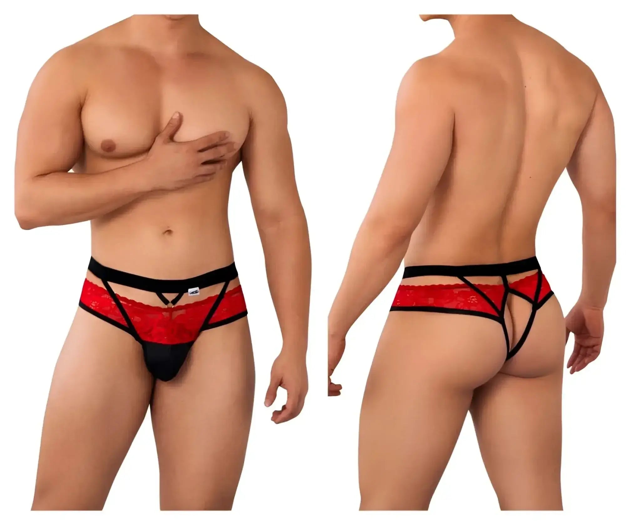 CandyMan 99627 lace jockstrap in red with black bold intricate lace thong pattern showing the front side