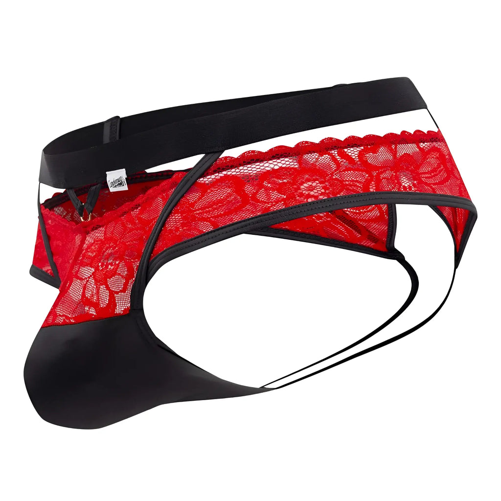 Red and black lace thong with satin-like finish candy man 99627 lace jockstrap in red front view