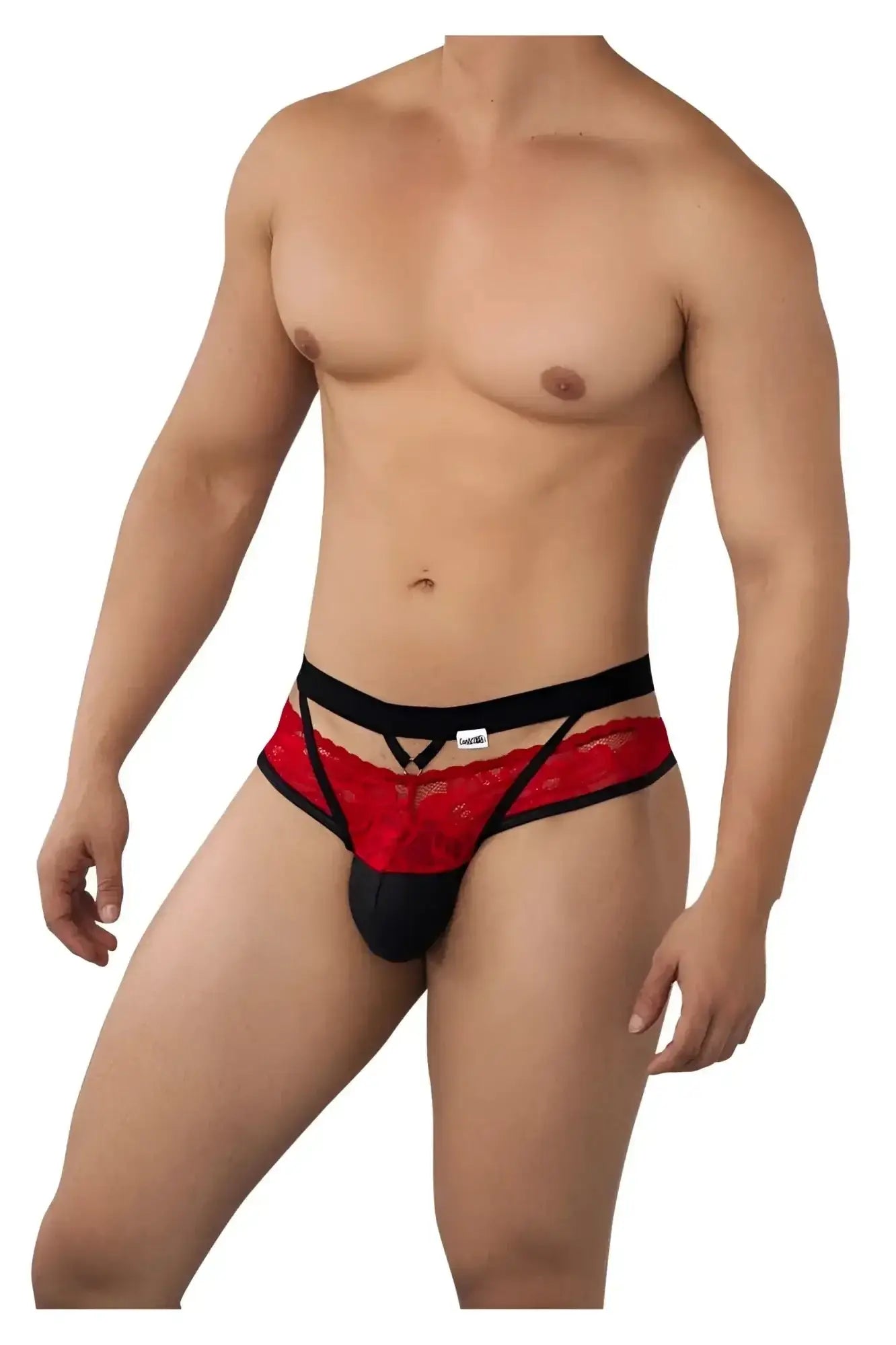 Red lace thong with black elastic trim and solid black pouch from candyman 99627 lace jockstrap collection