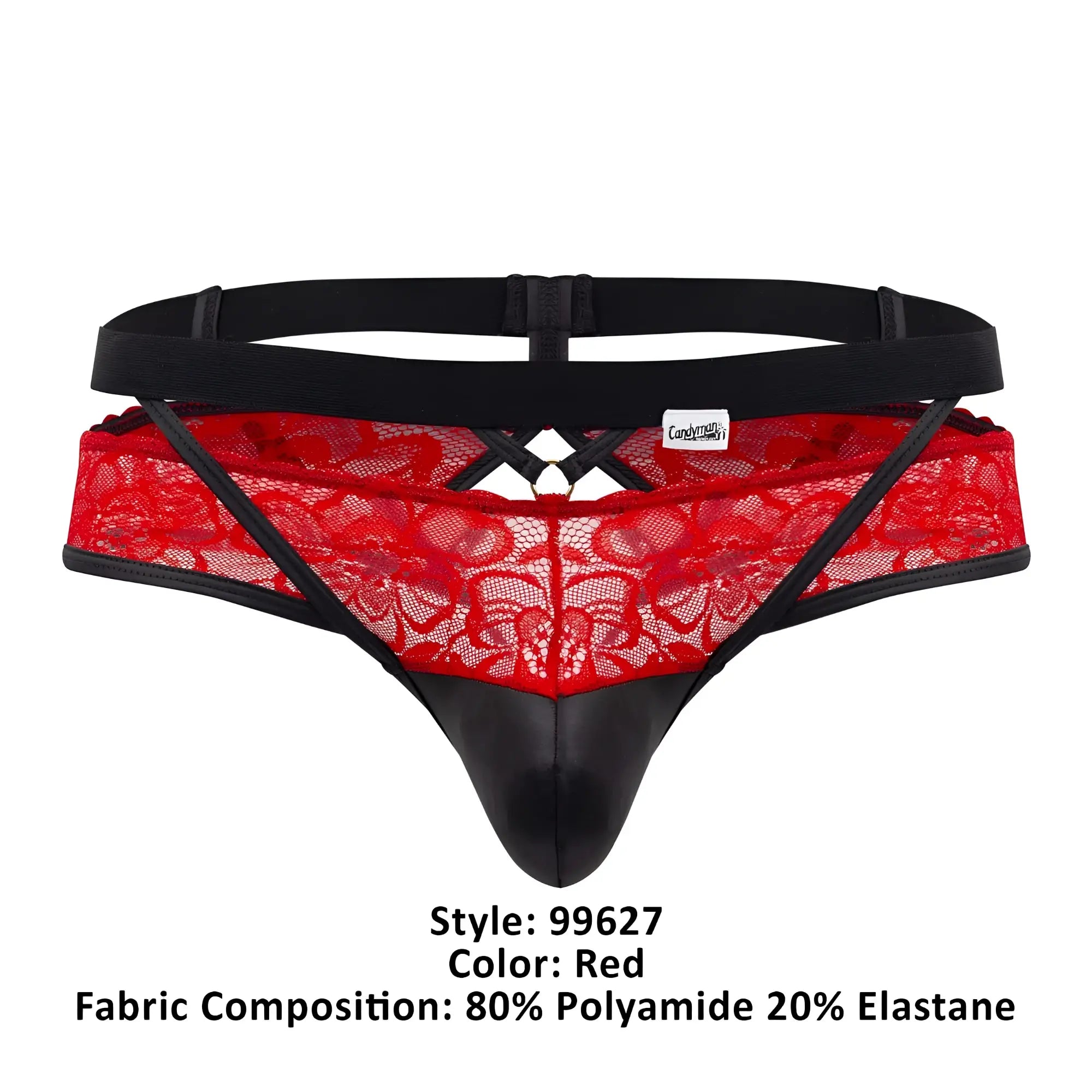 Red lace jockstrap candyMan 99627 with black elastic waistband and faux leather front panel in red color