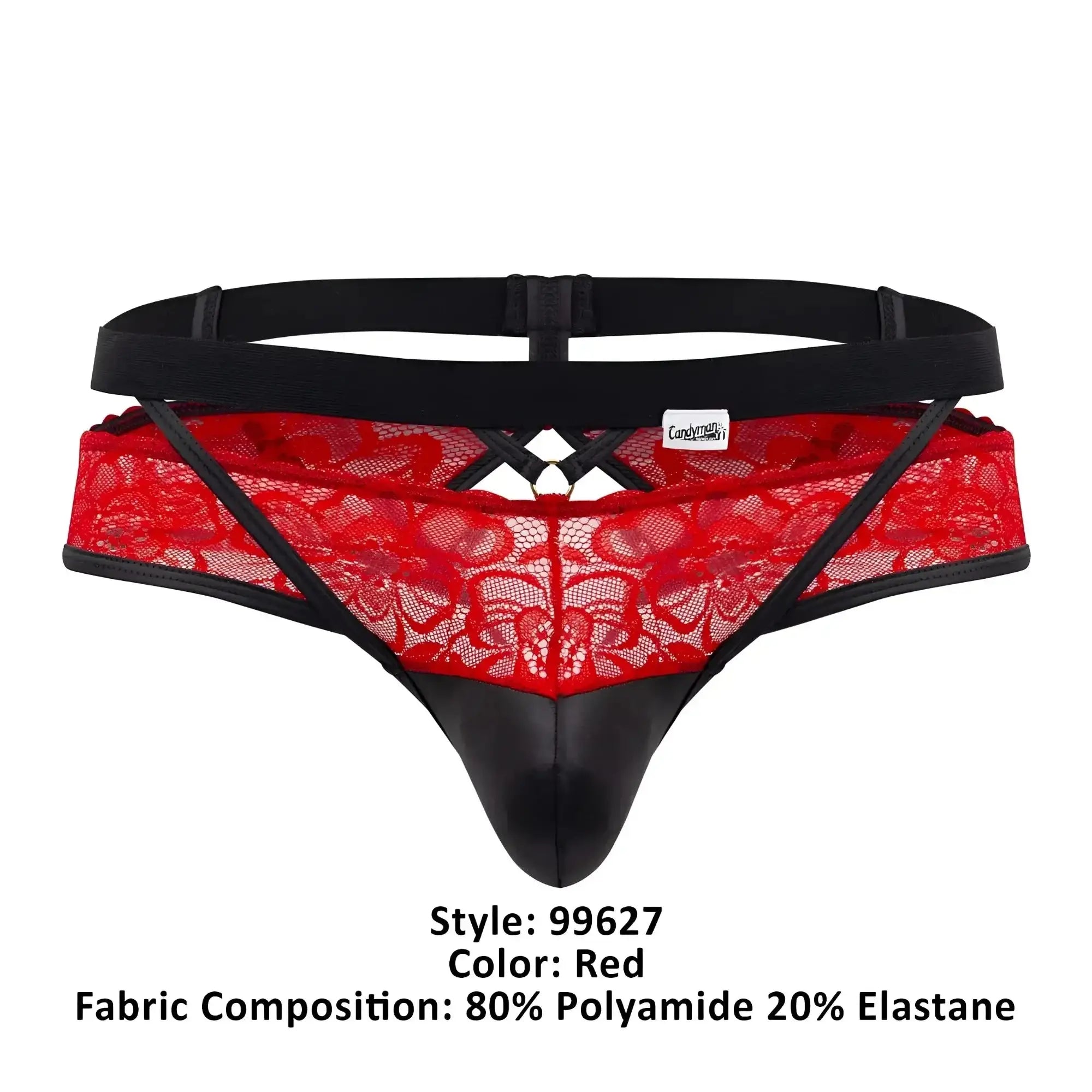Red lace jockstrap candyMan 99627 with black elastic waistband and faux leather front panel in red color