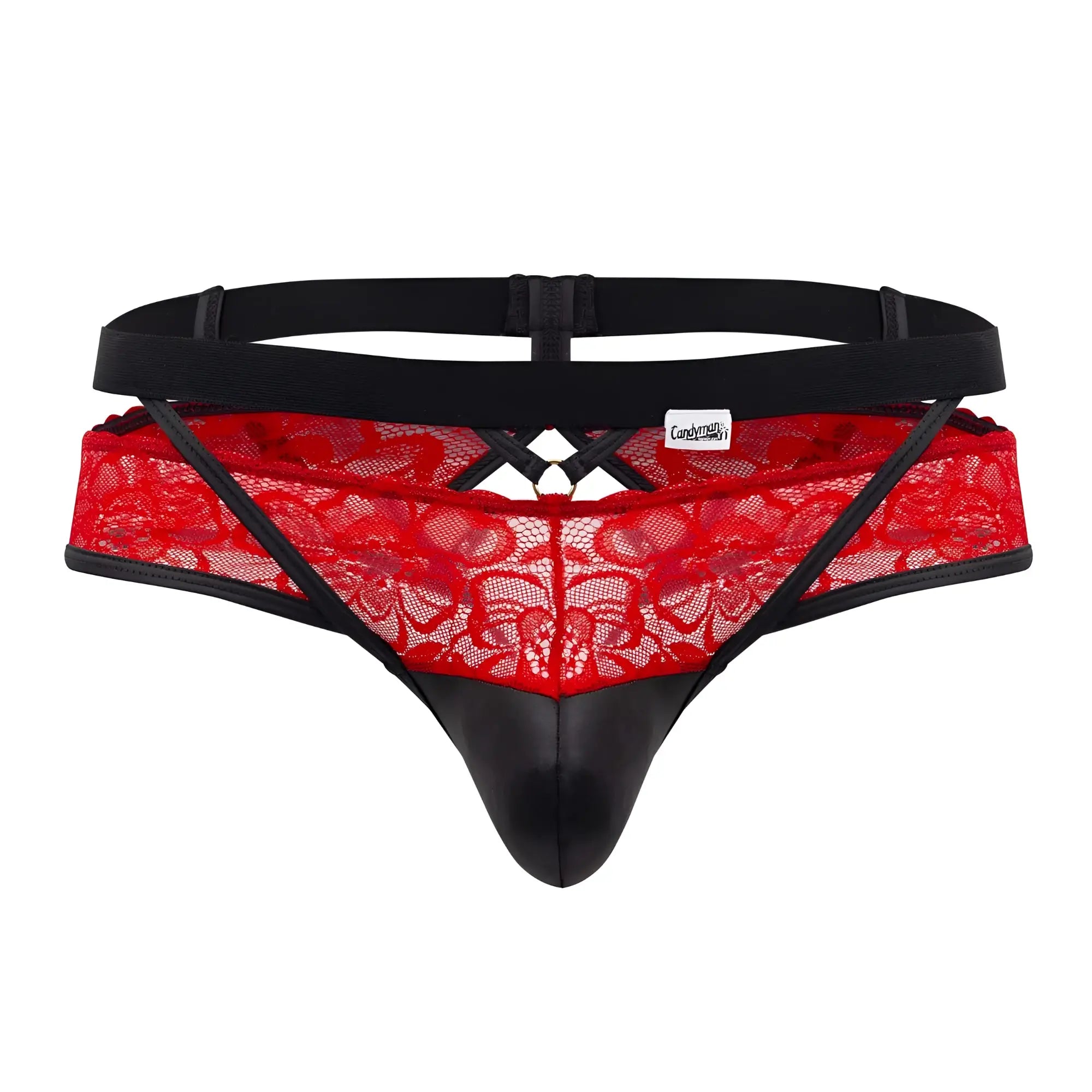 Red lace jockstrap with black leather trim and adjustable elastic waistband by candyman in red
