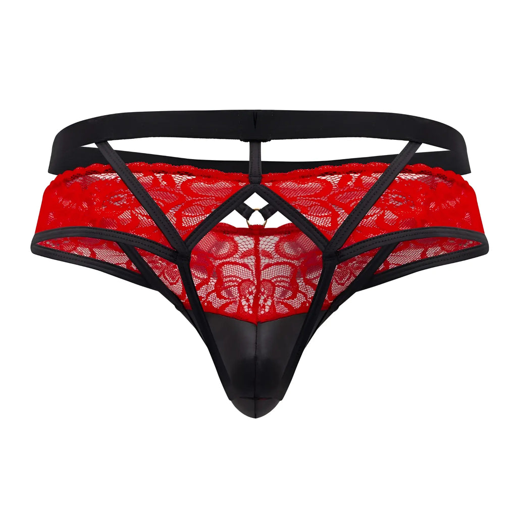Candyman 99627 lace jockstrap in red with black straps and glossy black front panel lace thong design