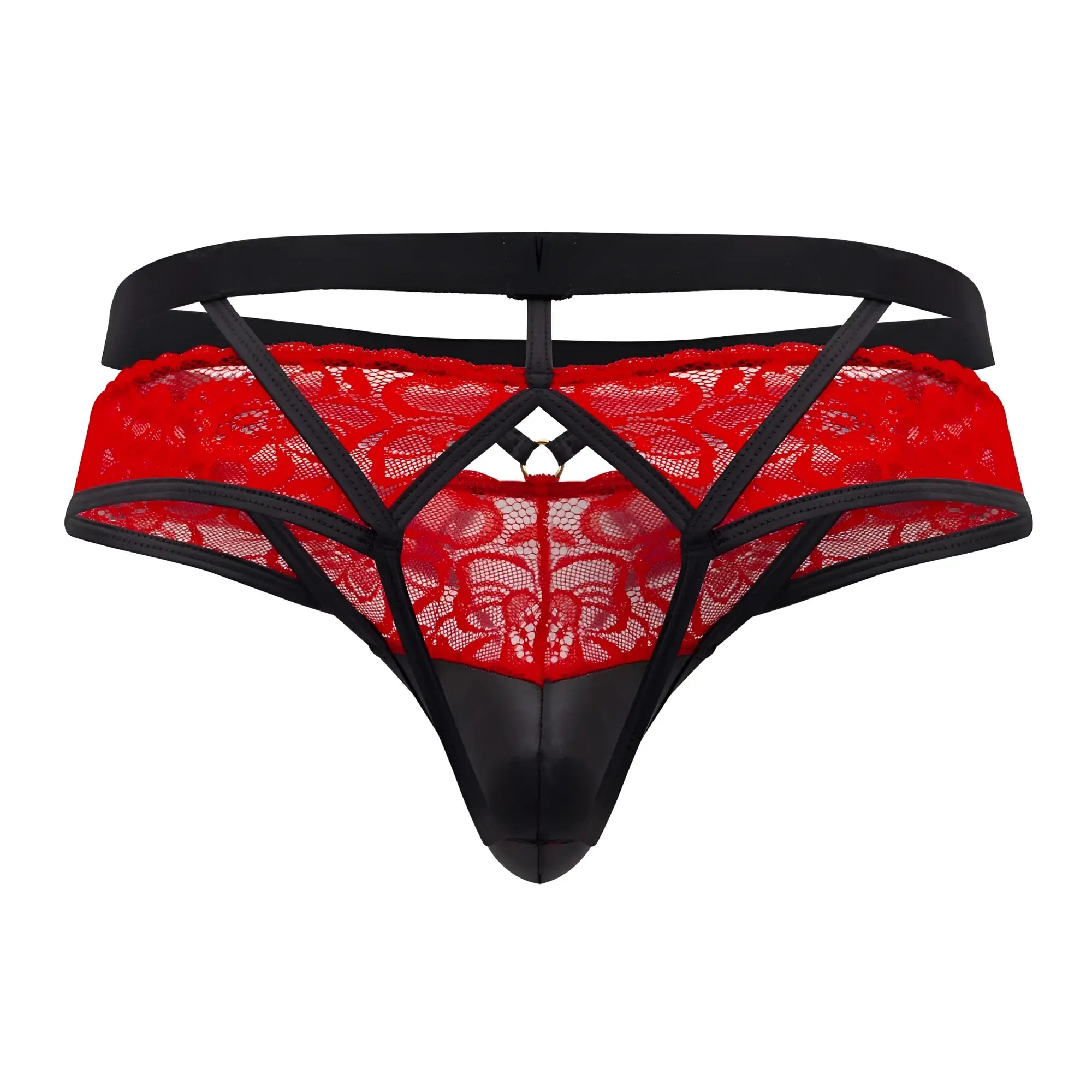 Candyman 99627 lace jockstrap in red with black straps and glossy black front panel lace thong design