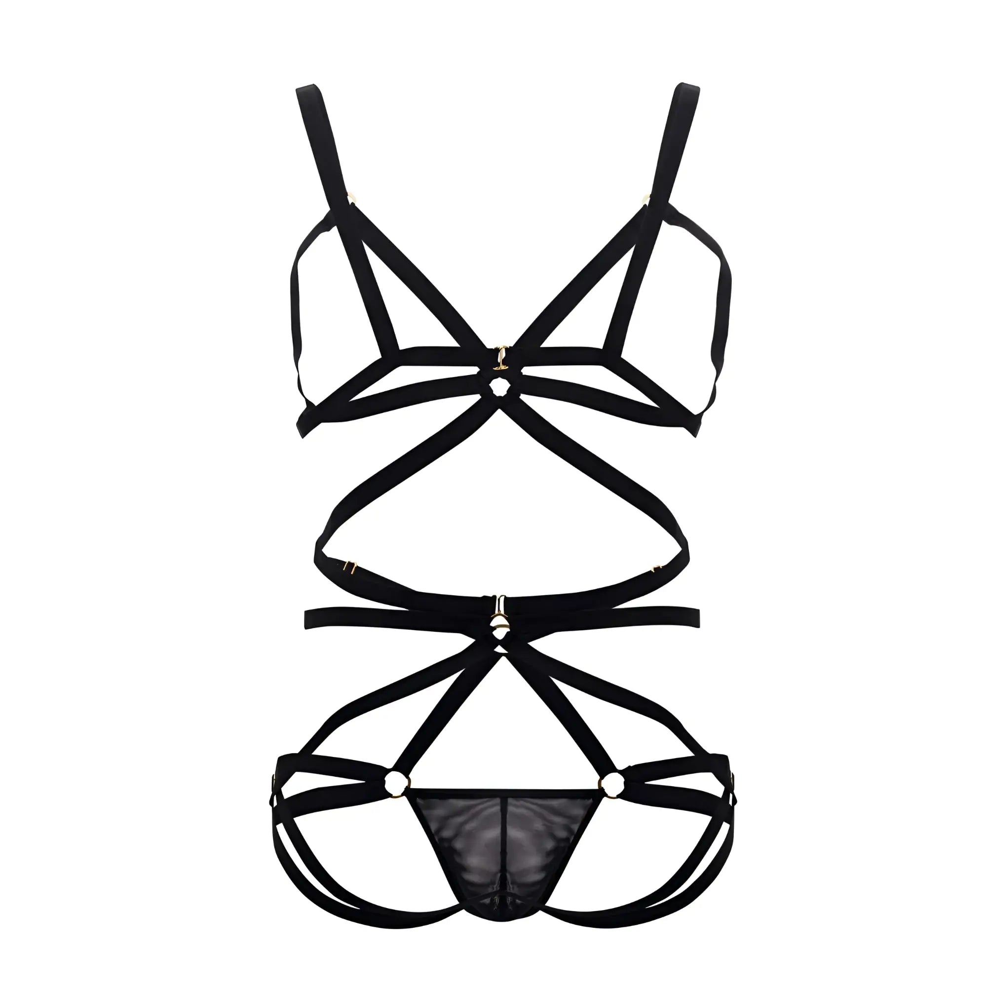 Black strappy lace-up lingerie set with sheer mesh panel candyMan 99635 harness two piece set in black