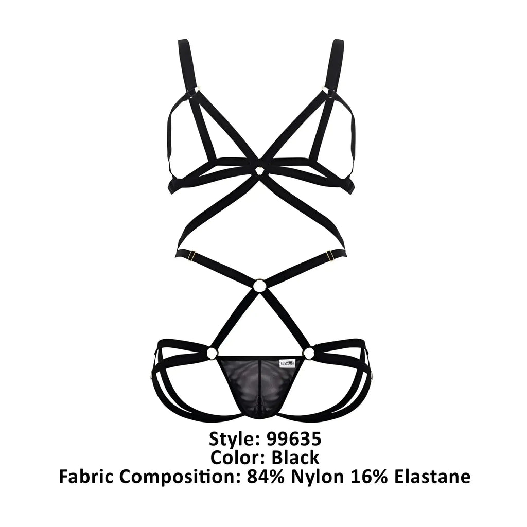 Black Candyman 99635 harness two piece lingerie set with crisscross straps and mesh panel design
