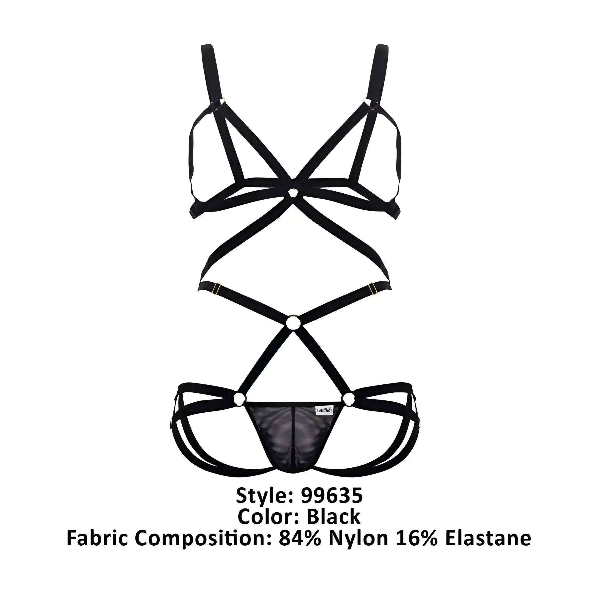Black Candyman 99635 harness two piece lingerie set with crisscross straps and mesh panel design