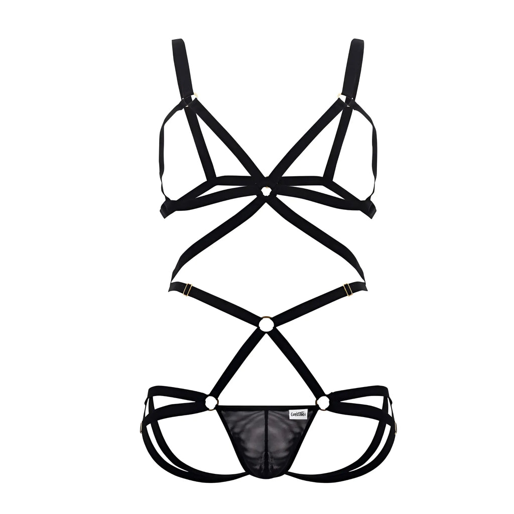 Black CandyMan 99635 harness two piece set with strappy crisscross design and mesh panel lingerie