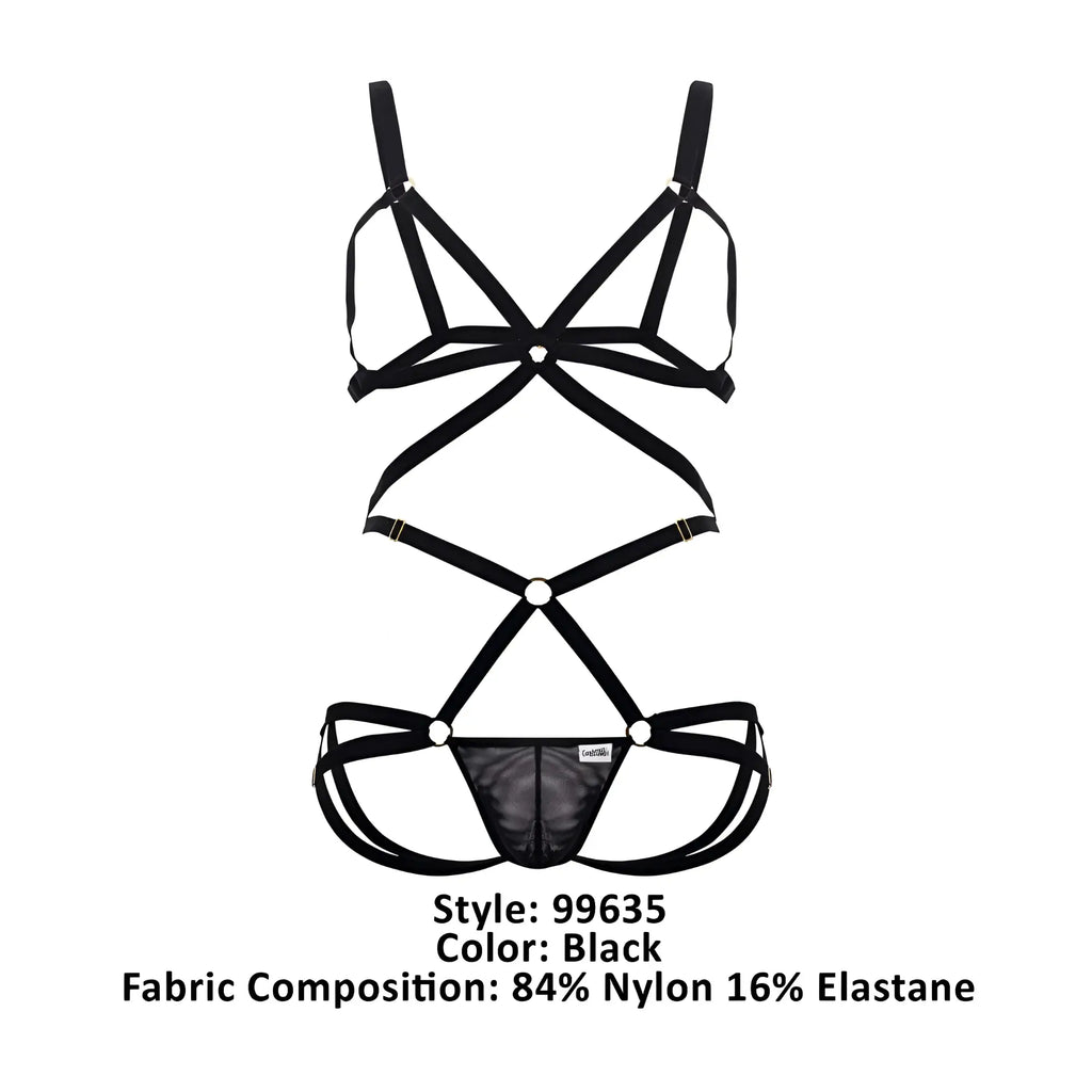 Black Candyman 99635 harness two piece lingerie set with crisscross straps and mesh panel design