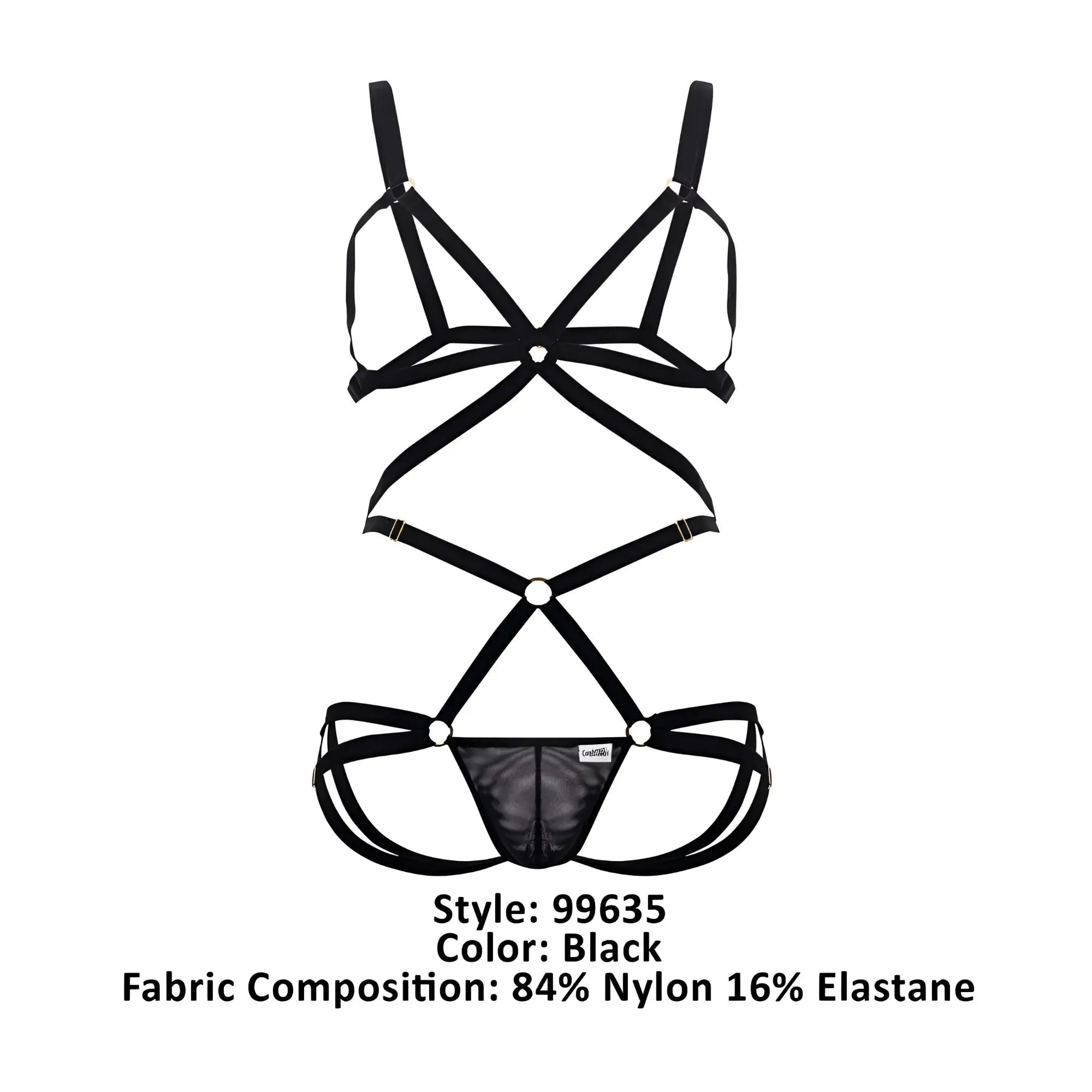 Black Candyman 99635 harness two piece lingerie set with crisscross straps and mesh panel design