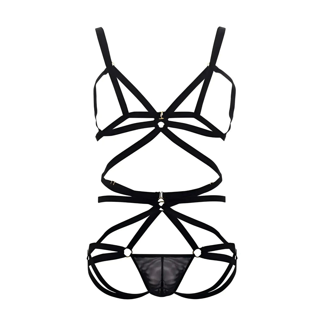 Black strappy lace-up lingerie set with sheer mesh panel candyMan 99635 harness two piece set in black