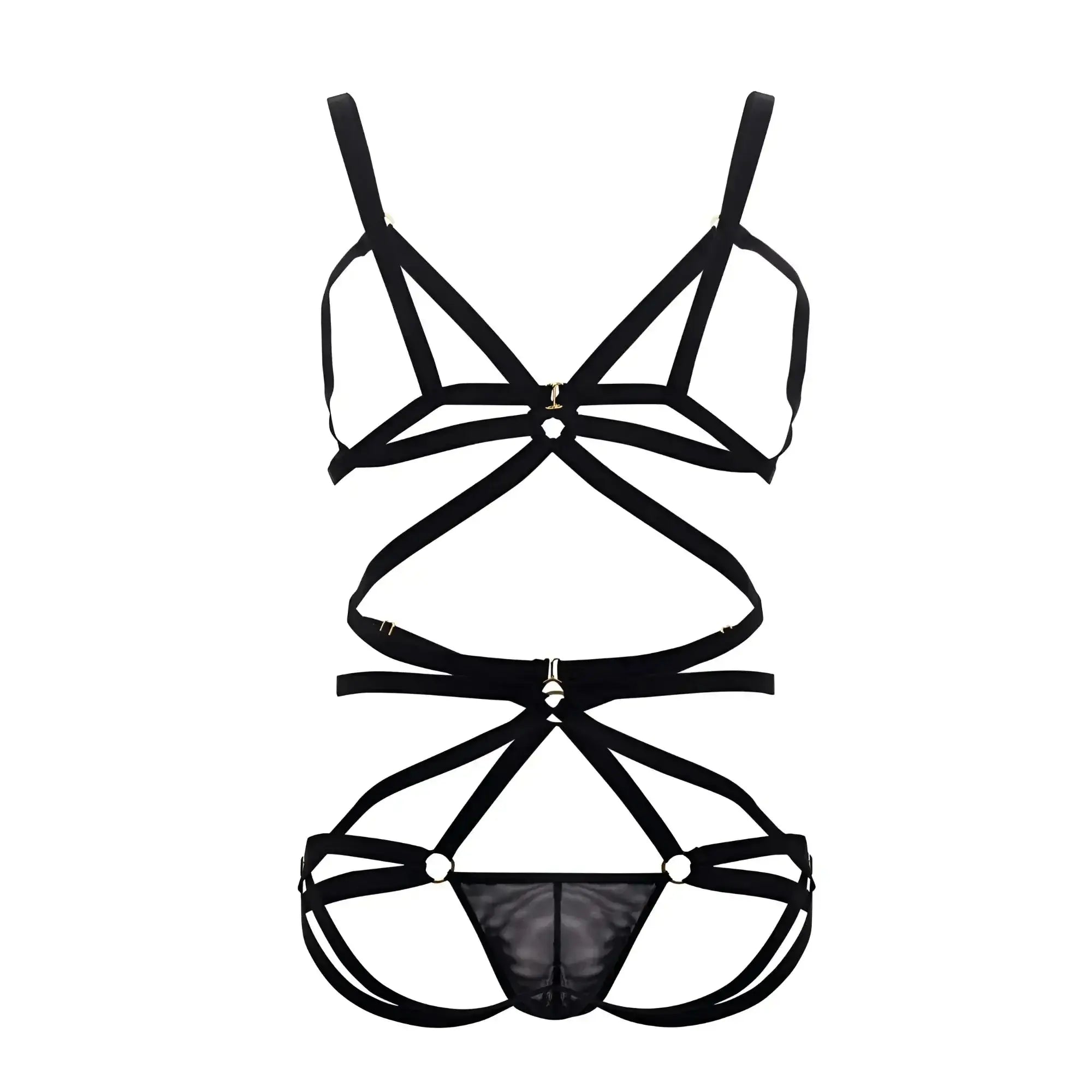 Black strappy lace-up lingerie set with sheer mesh panel candyMan 99635 harness two piece set in black