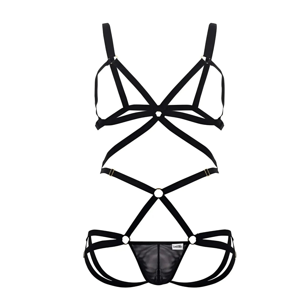 Black CandyMan 99635 harness two piece set with strappy crisscross design and mesh panel lingerie