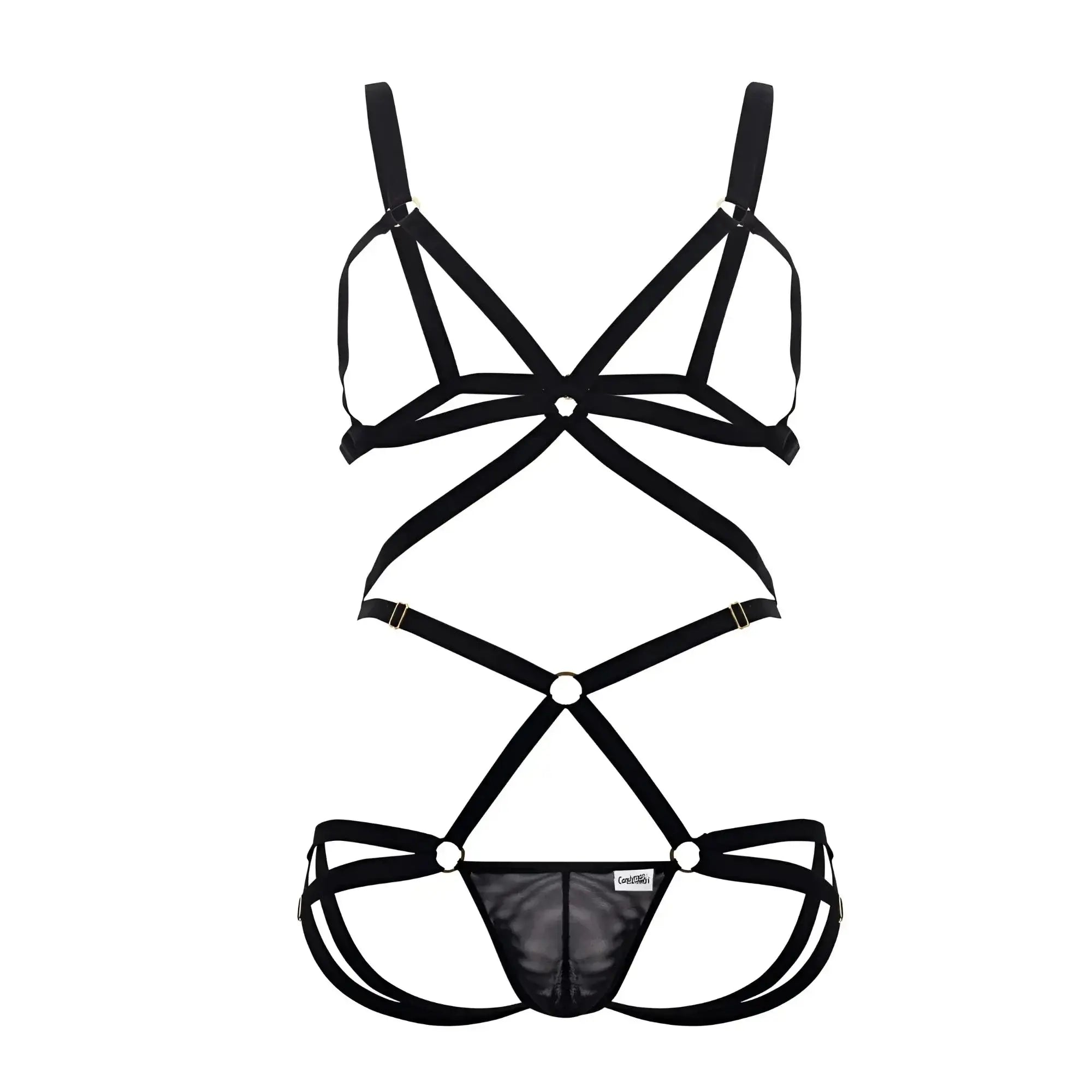 Black CandyMan 99635 harness two piece set with strappy crisscross design and mesh panel lingerie