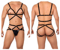 Black strappy harness two piece lingerie set with metallic gold hardware in candyMan 99635 style