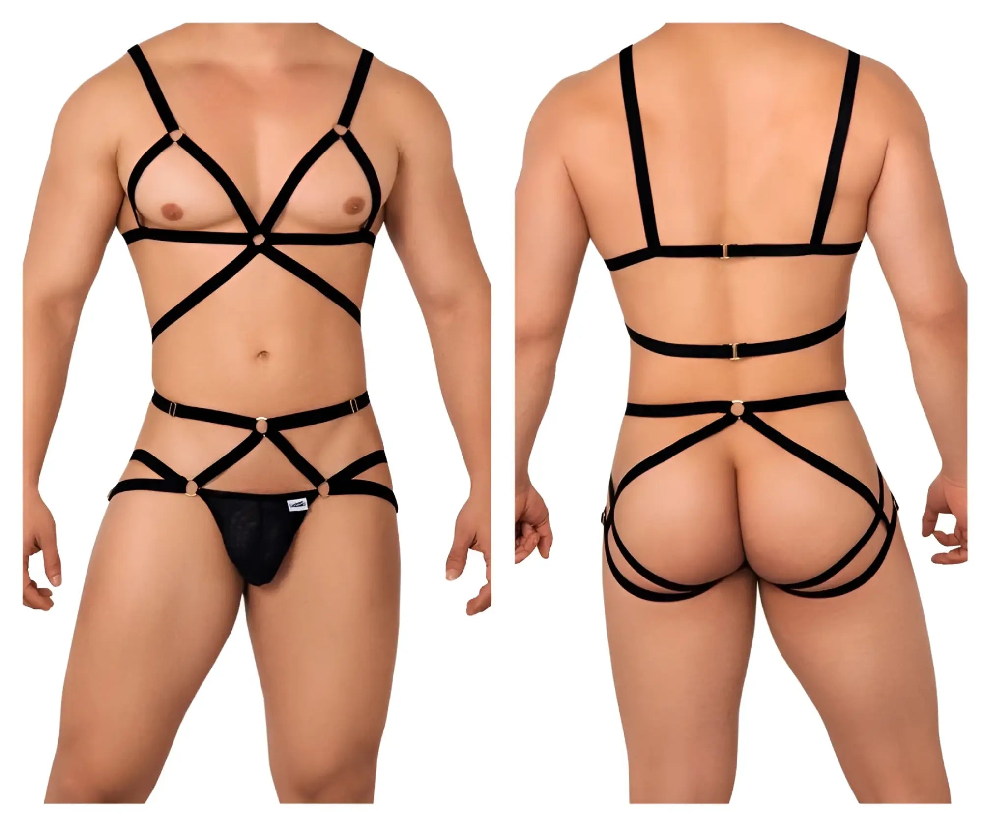 Black strappy harness two piece lingerie set with metallic gold hardware in candyMan 99635 style