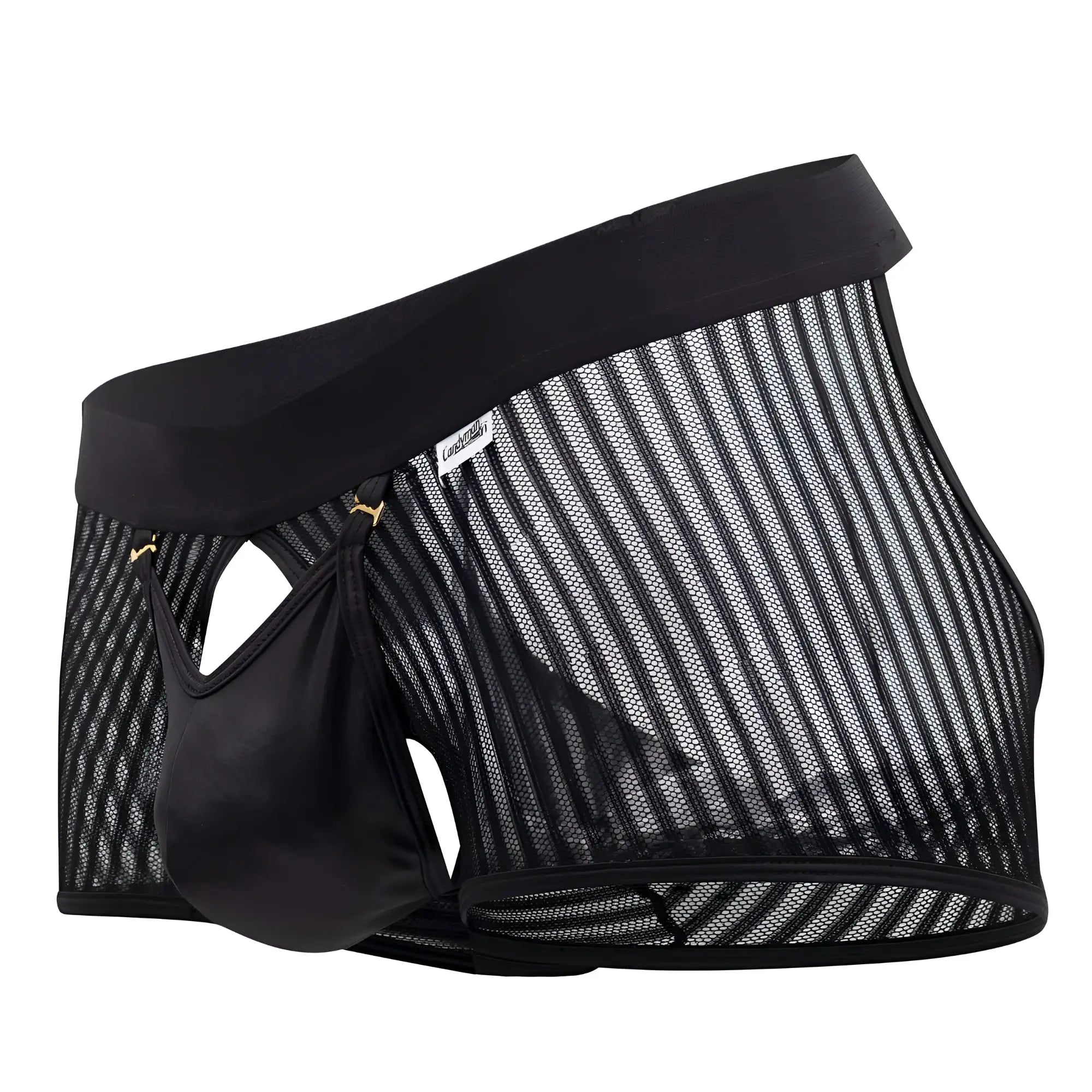 Candyman 99636 mesh trunks in black feature black mesh briefs with a solid elastic waistband and satin-like pouch