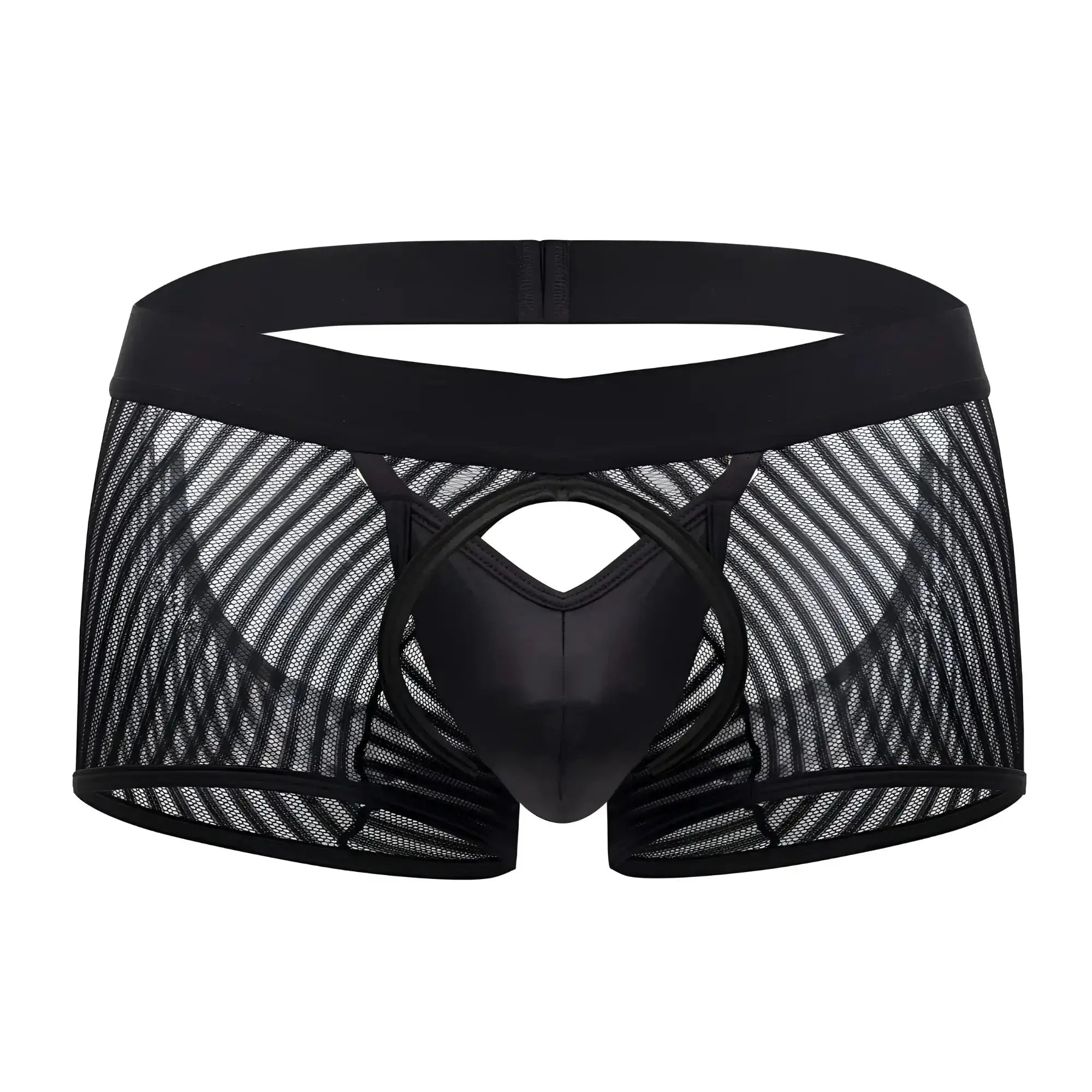 CandyMan 99636 mesh trunks in black feature a glossy center panel with black mesh and an elastic waistband