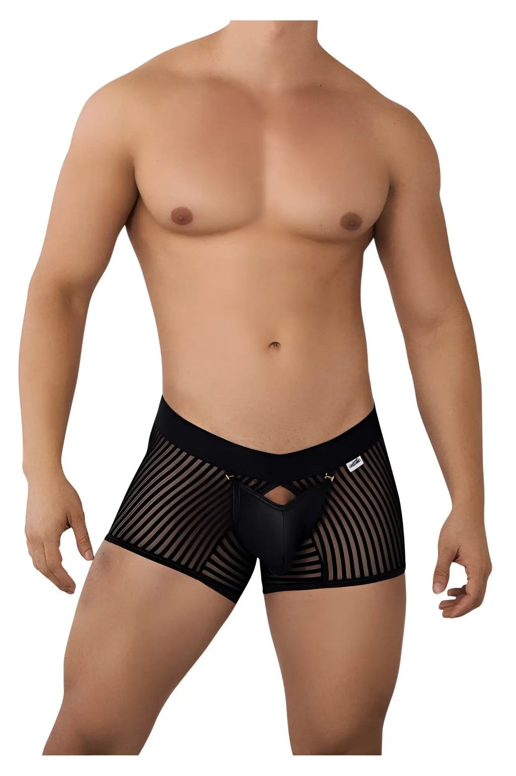 CandyMan 99636 mesh trunks in black with a solid front panel and black striped mesh briefs design