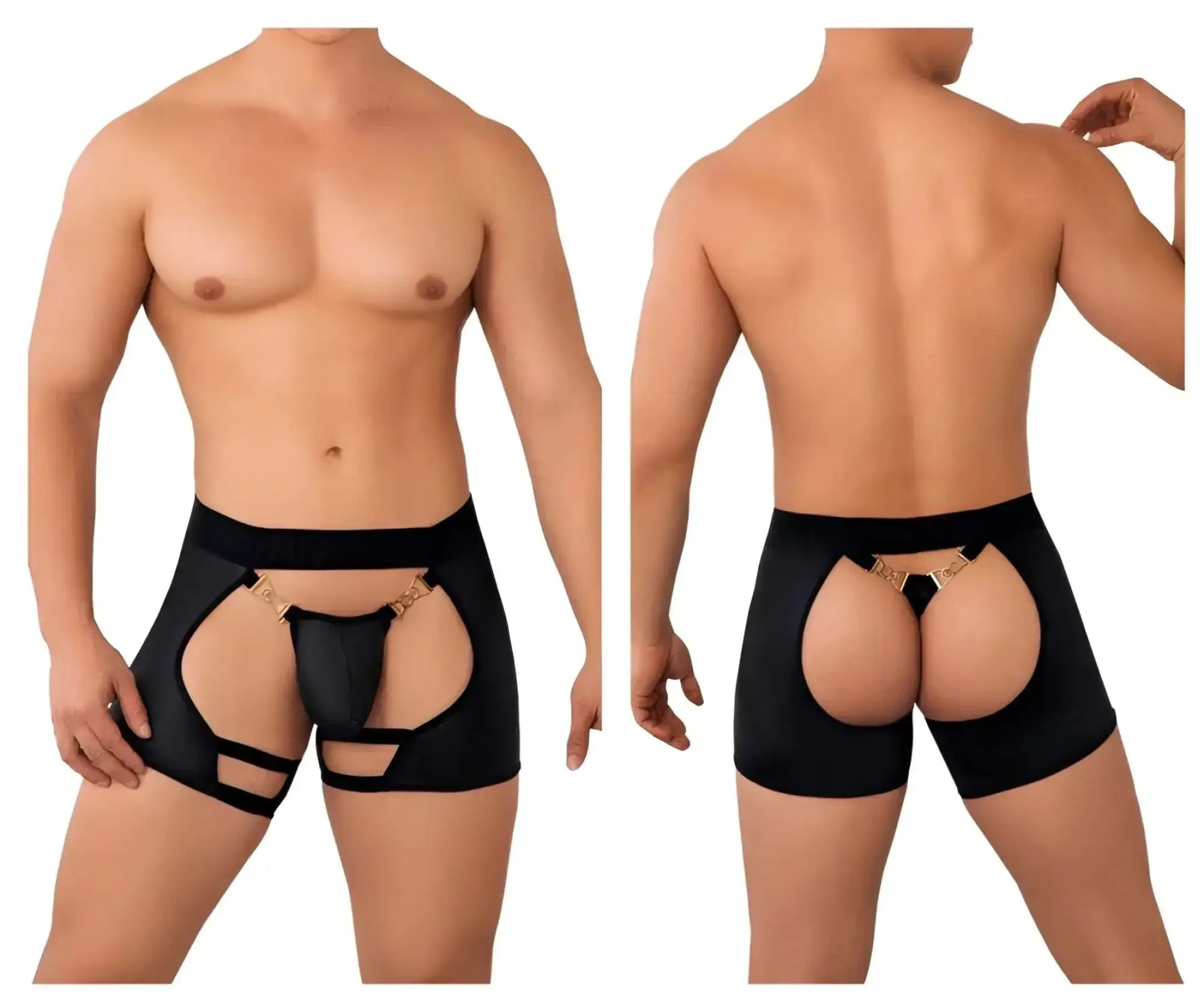 Black candyman 99637 chaps thongs with gold tone metal accents and cut out design men’s briefs front view