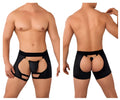 Black candyman 99637 chaps thongs with gold tone metal accents and cut out design men’s briefs front view