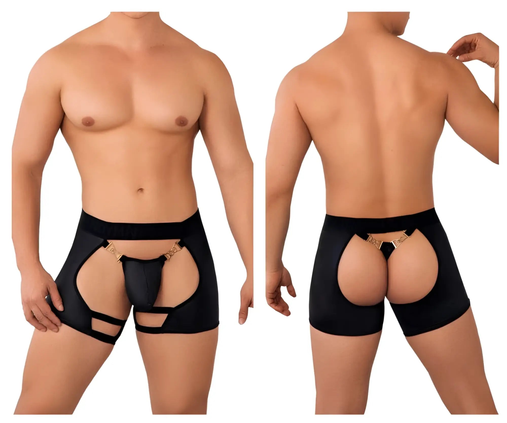 Black candyman 99637 chaps thongs with gold tone metal accents and cut out design men’s briefs front view