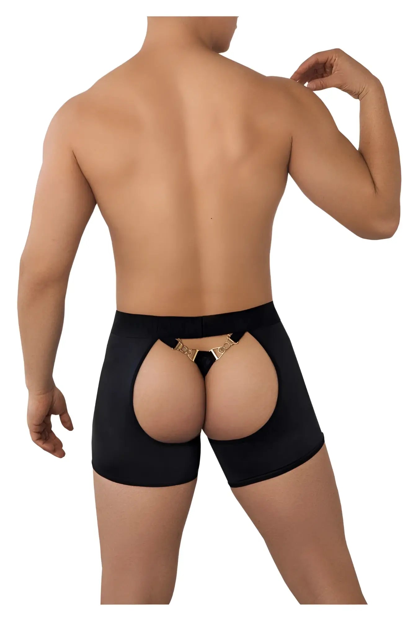 Back view of candyman 99637 chaps thongs in black with high-waisted briefs and gold-tone metallic clasp