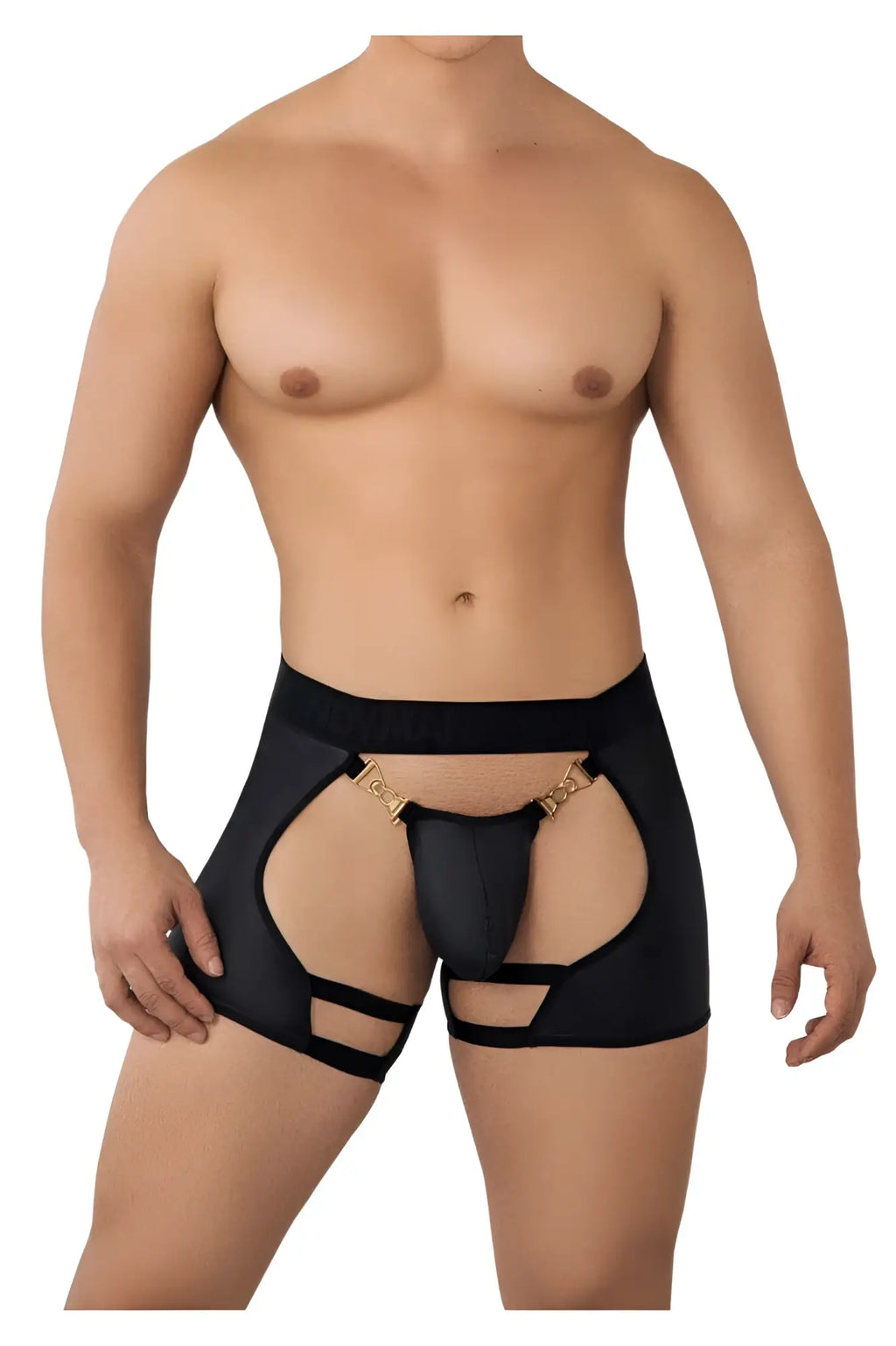 Black candyman 99637 chaps thongs with gold metal clasps and cut-out detailing in form-fitting men’s underwear