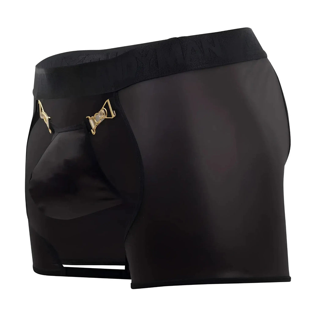 Black satin briefs with gold-tone metal clasps and textured waistband CandyMan 99637 Chaps Thongs in black
