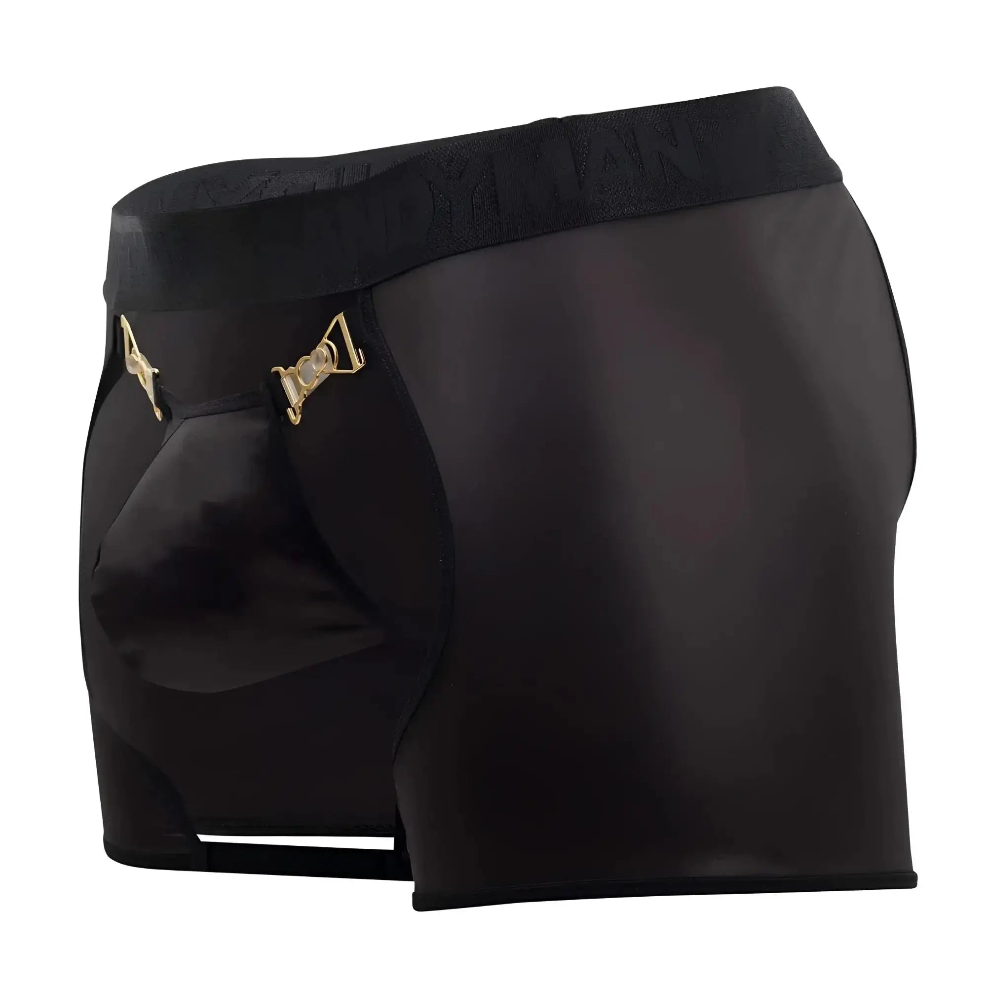 Black satin briefs with gold-tone metal clasps and textured waistband CandyMan 99637 Chaps Thongs in black